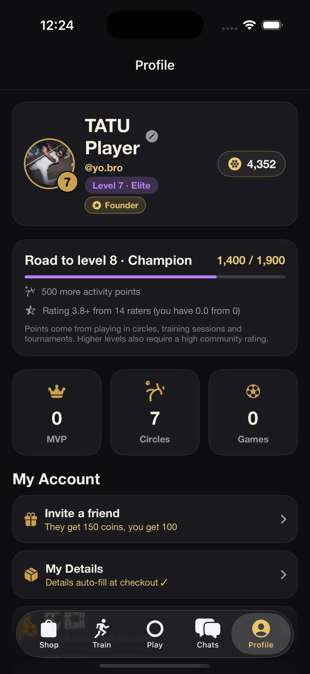 Player profile with levels and TATU Coins