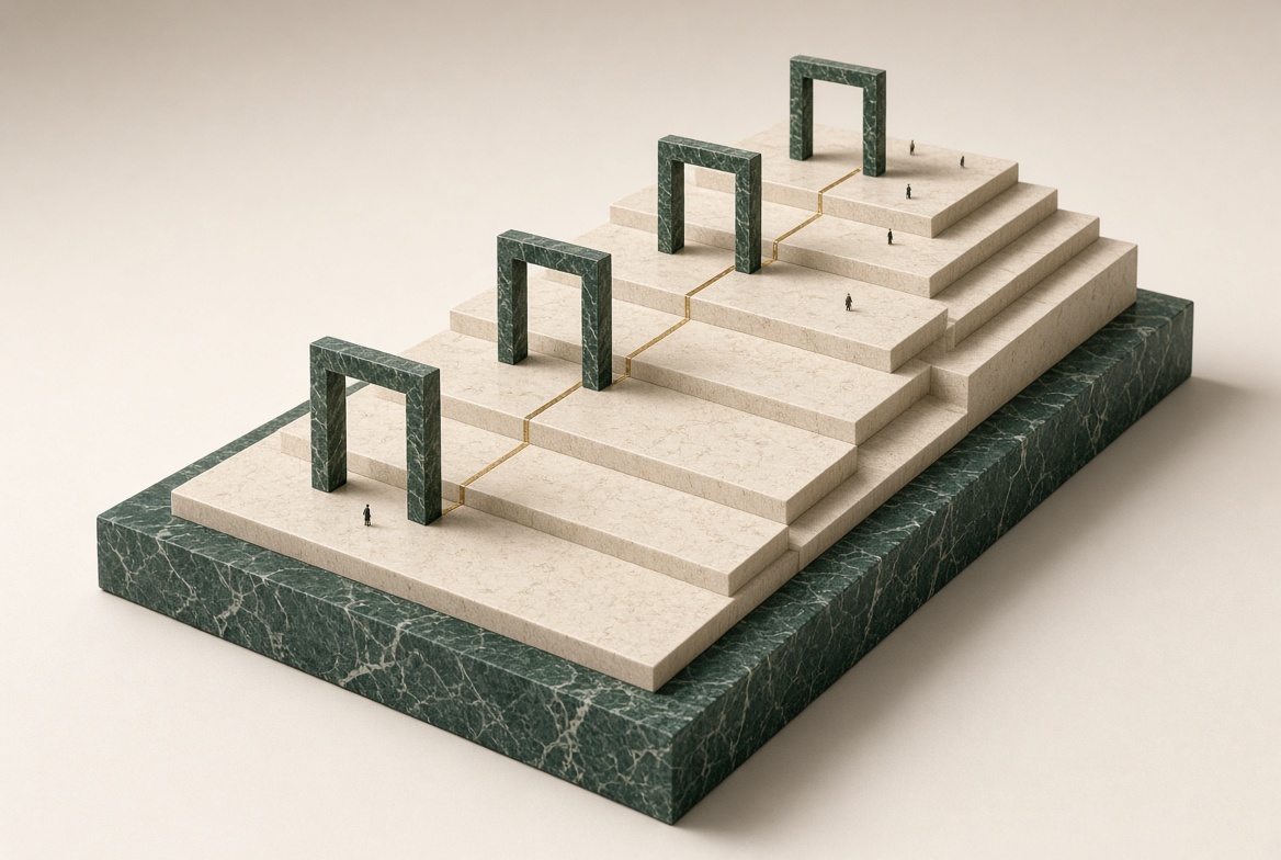 Four stone terraces connected by a gold line