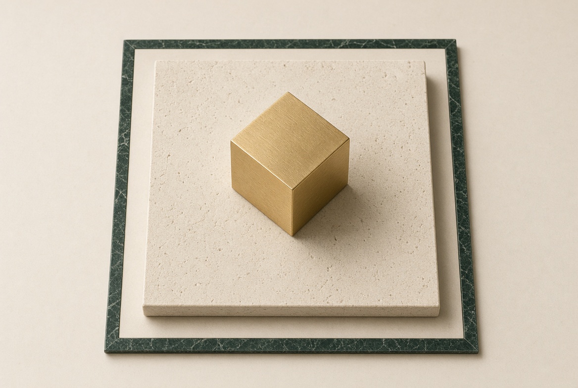 Gold cube on cream stone