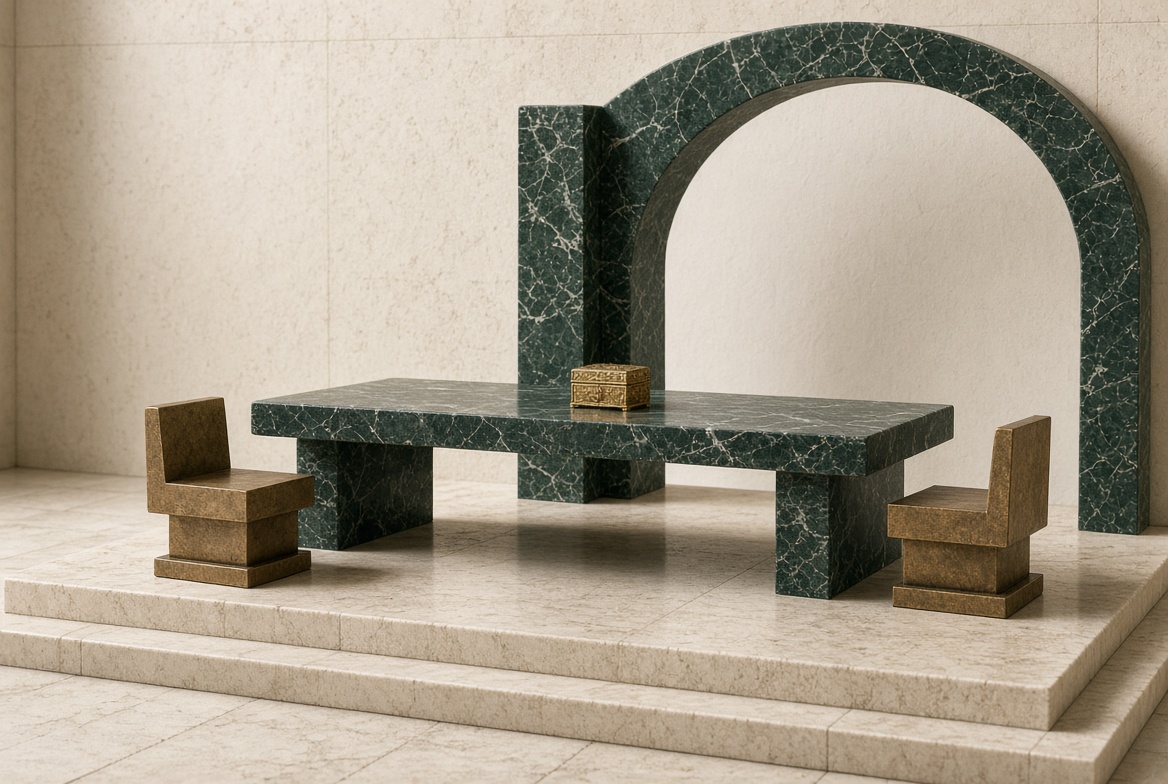 Green marble table and two bronze chairs