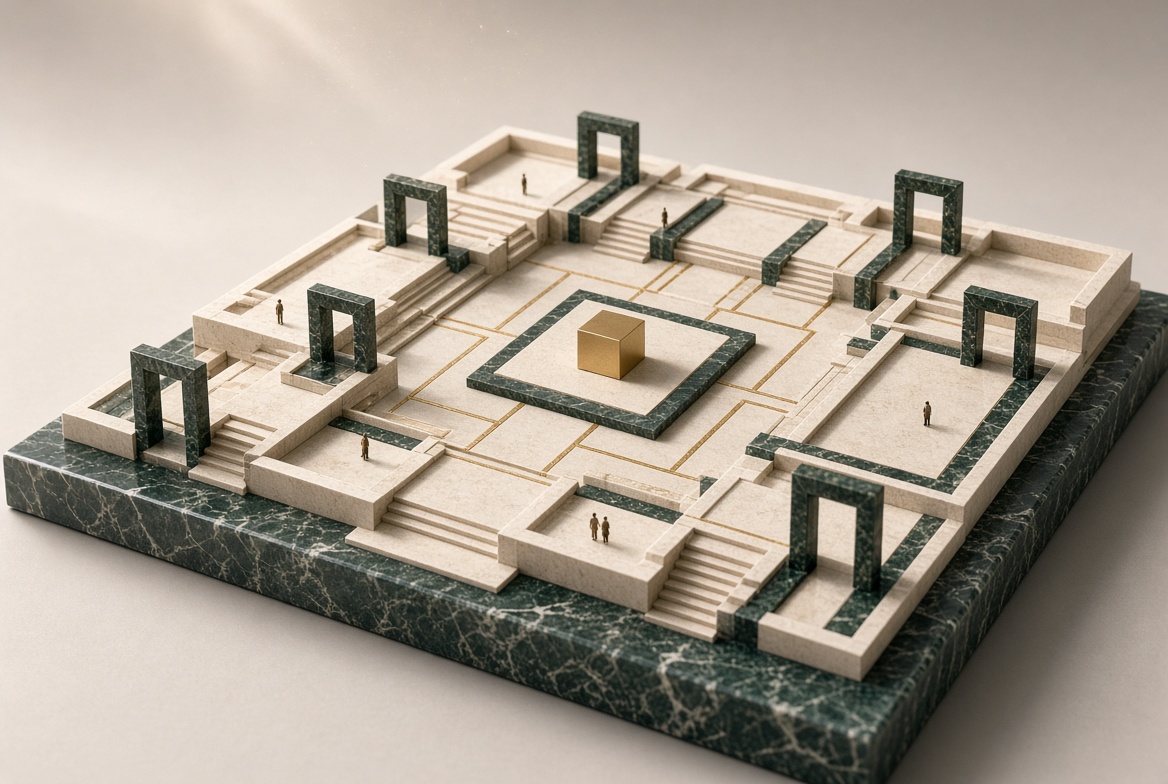 Architectural model in cream stone, green marble frames, and a gold cube