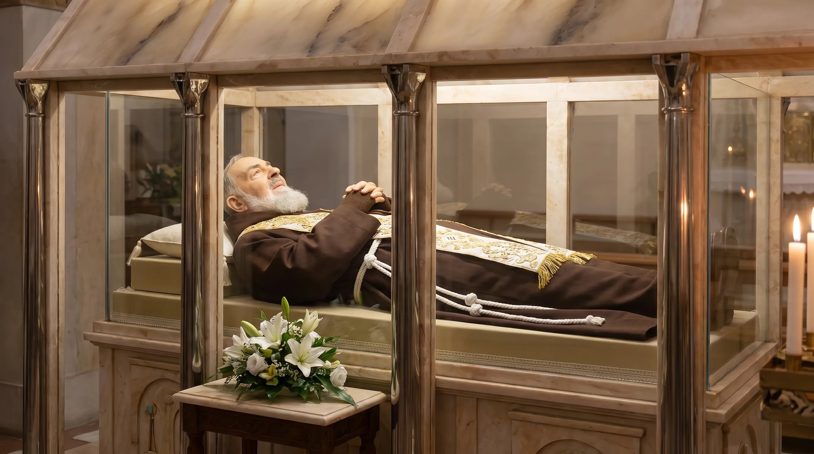 Ciało świętego Ojca Pio w kryształowej trumnie w sanktuarium w San Giovanni Rotondo