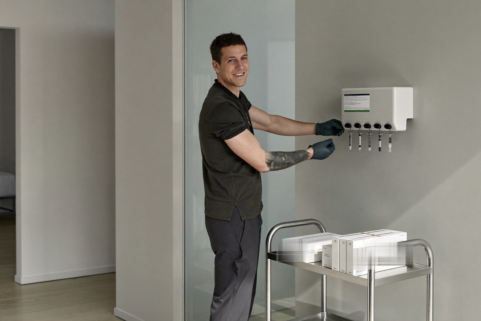 Restocking a wall-mounted glove dispenser in a treatment room