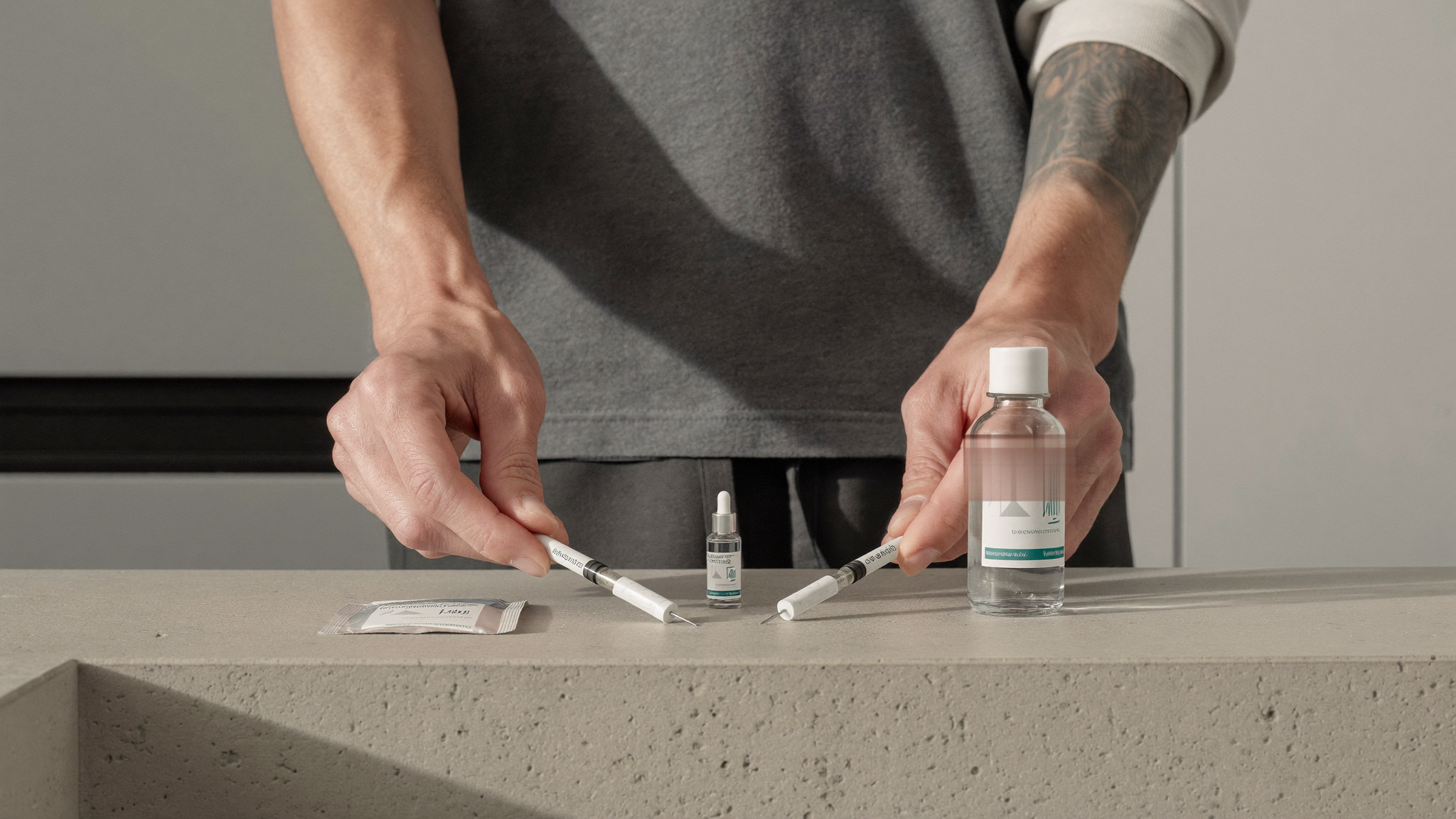 Two capped needles, two swabs and a vial laid out in a row on a bathroom counter