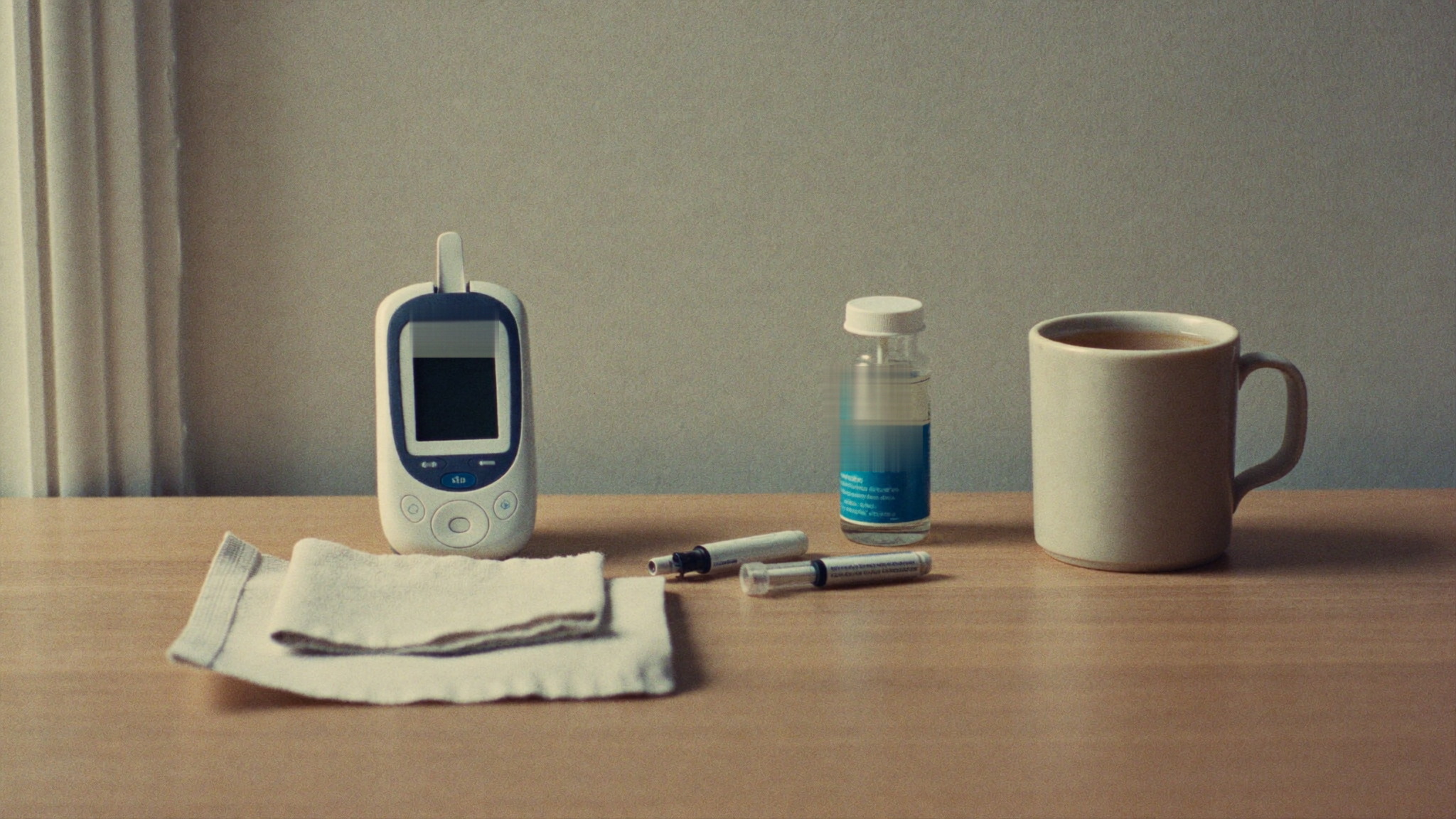 A monitor, test strips and lancets on a kitchen table beside a mug of tea
