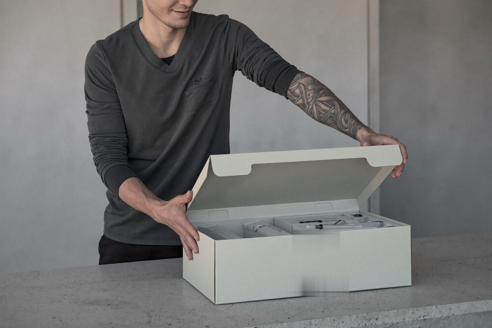 Hands lifting the lid from a delivery box of supplies