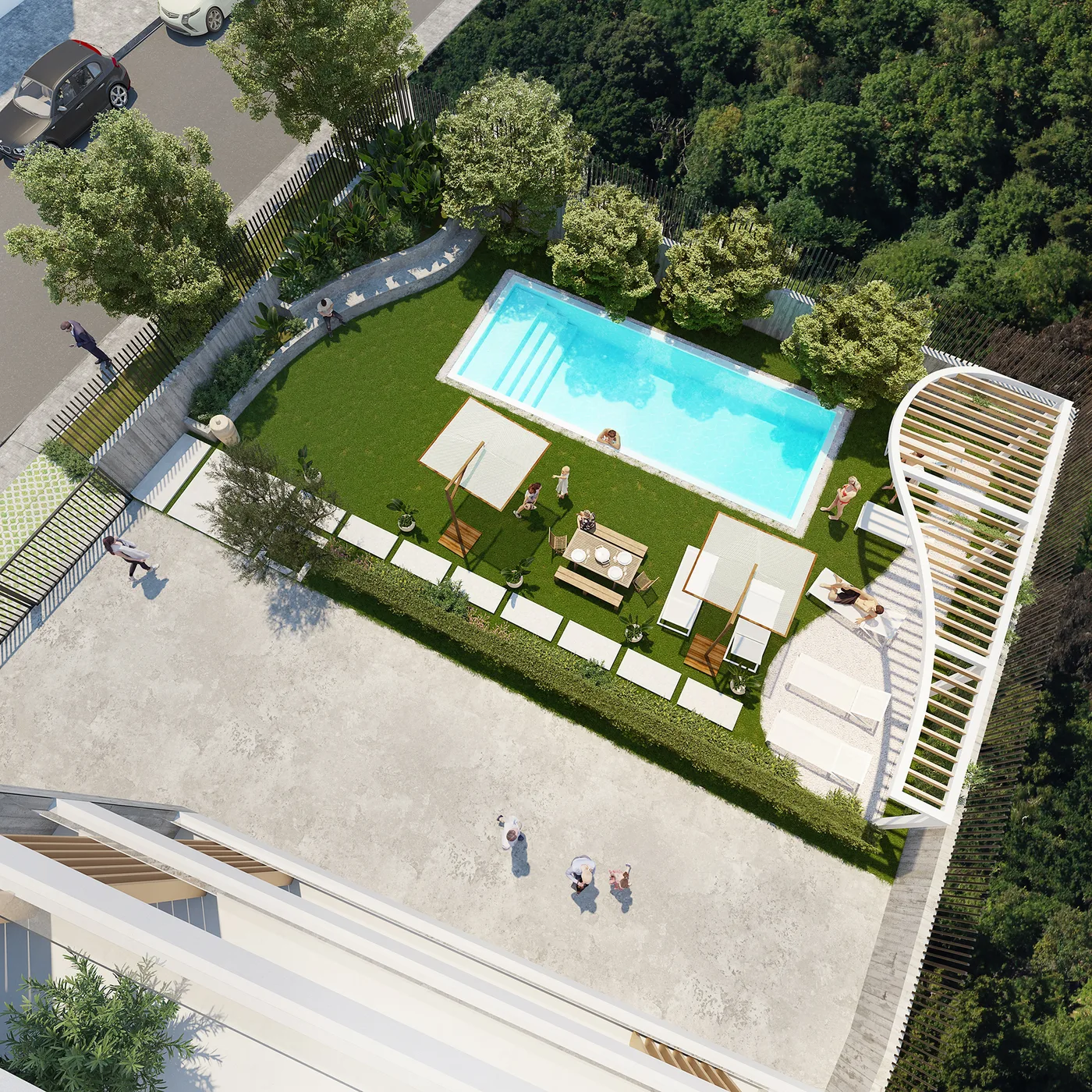 Aerial view of the B12 Residences pool and communal gardens