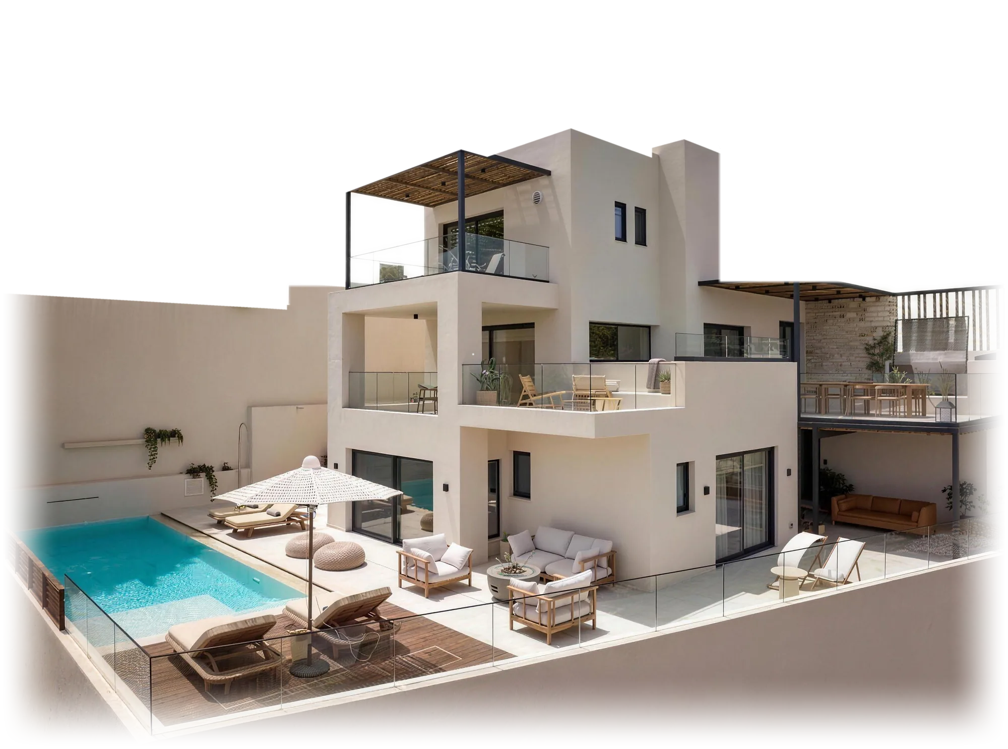 The Nook Villa by Lydakis Construction — three stepped white volumes with pergola terraces, pool and sun deck in Crete, daylight