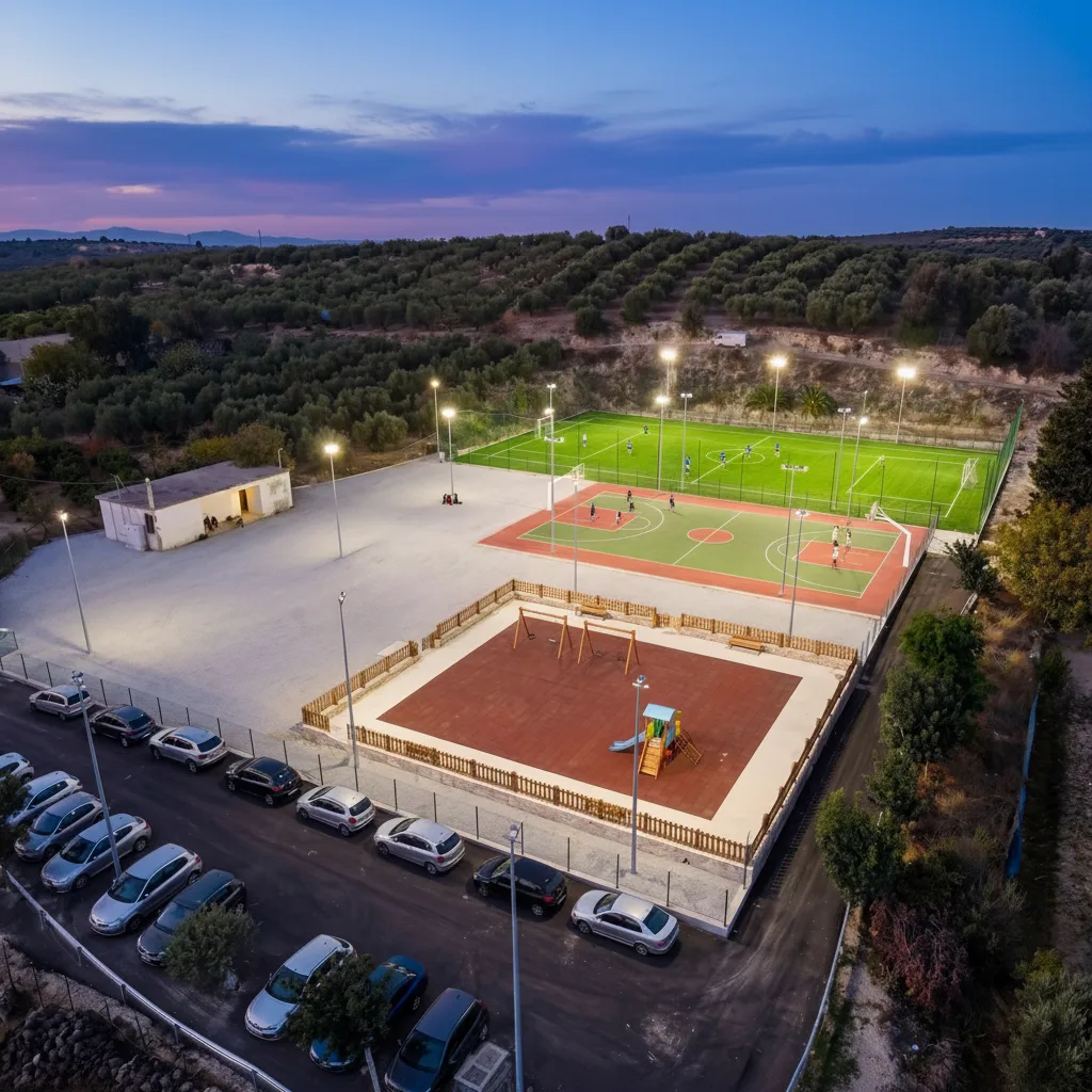 Aerial view of Evgeniki Stadium at dusk with floodlights on — football pitch, basketball court and playground in Avgeniki, Crete, by Lydakis Construction