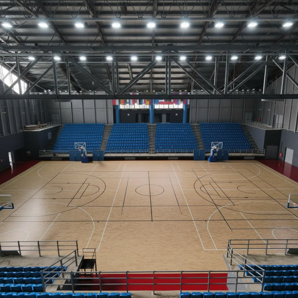 Empty indoor basketball arena of the Markos Karanastasis Hall — parquet court, blue tiered stands and steel roof, built by Lydakis Construction