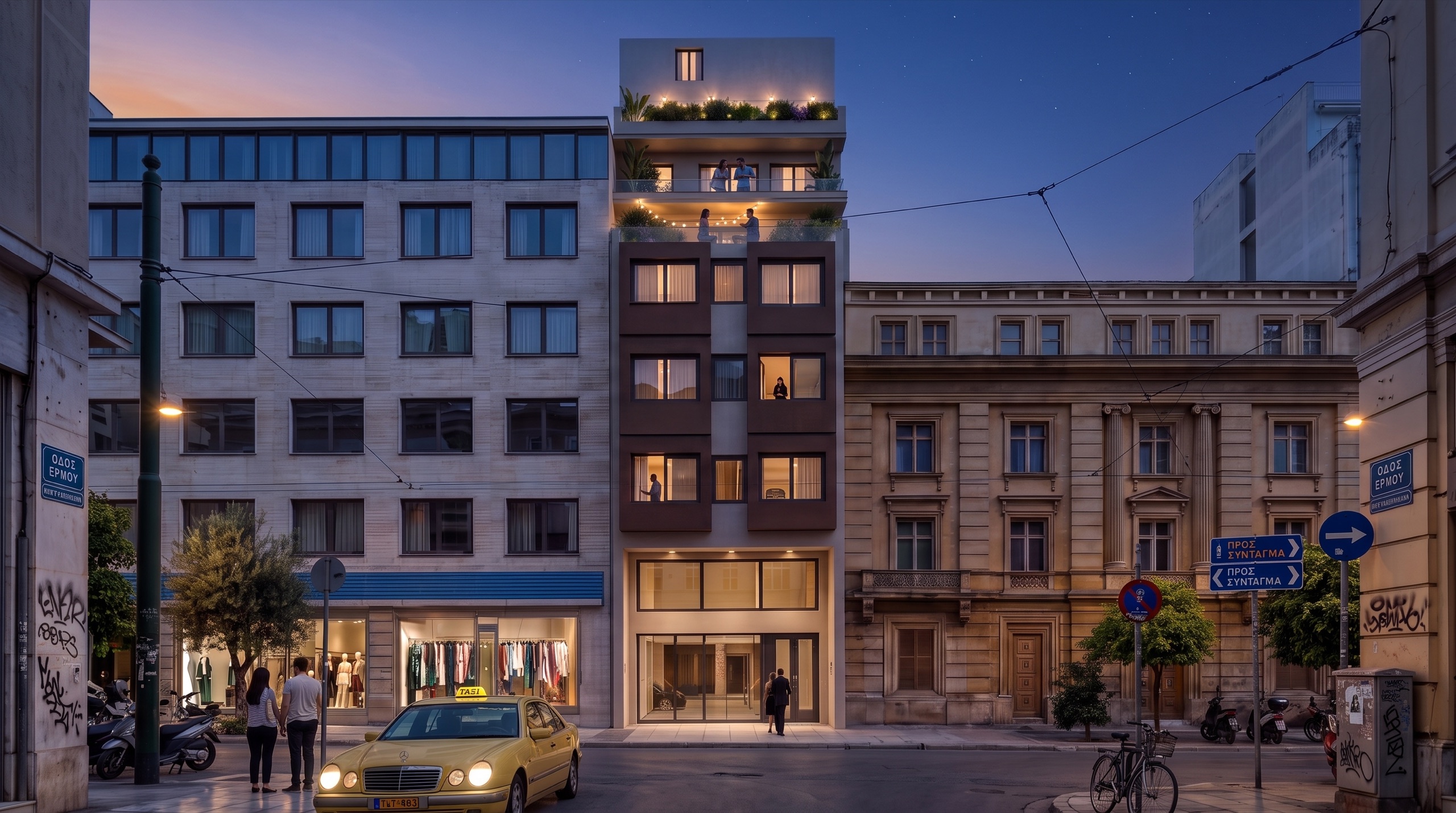 Building facade at night