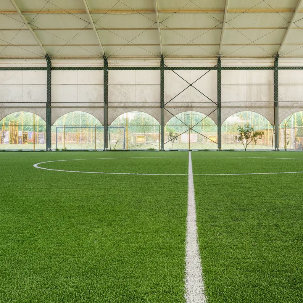 Covered 8×8 Lido football pitch in Heraklion with FIFA QUALITY turf under its white canopy, by Lydakis Construction