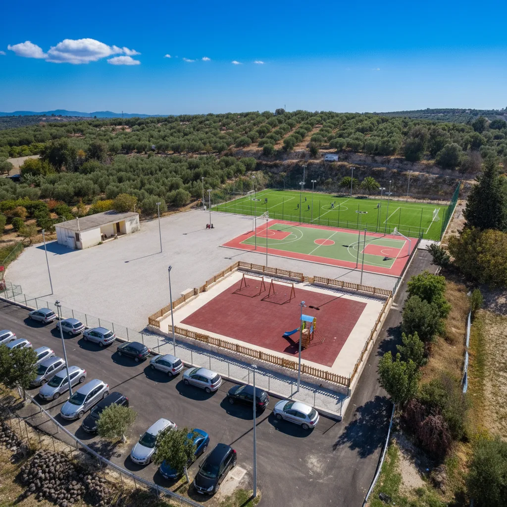 Evgeniki Stadium sports park in daylight — football pitch, basketball court, playground and parking in Avgeniki, Crete