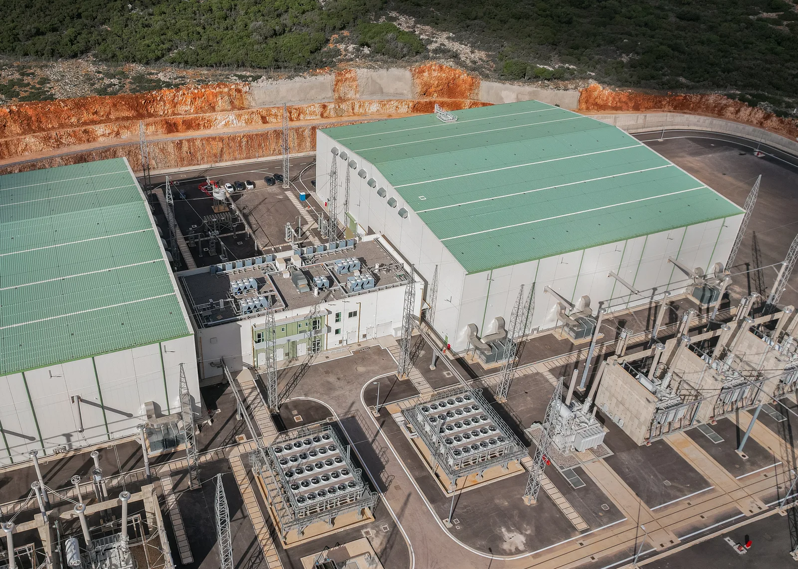 Transformer bays and cooling banks beside the converter halls