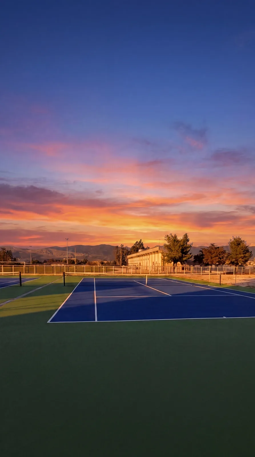 The Mesolongiou tennis courts at sunset after completion