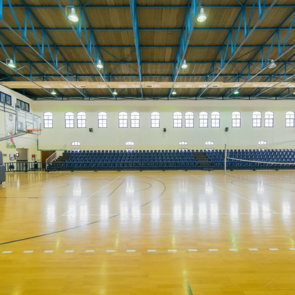 Renovated indoor hall of the Archanes Sports Center with parquet floor and blue retractable stands, by Lydakis Construction