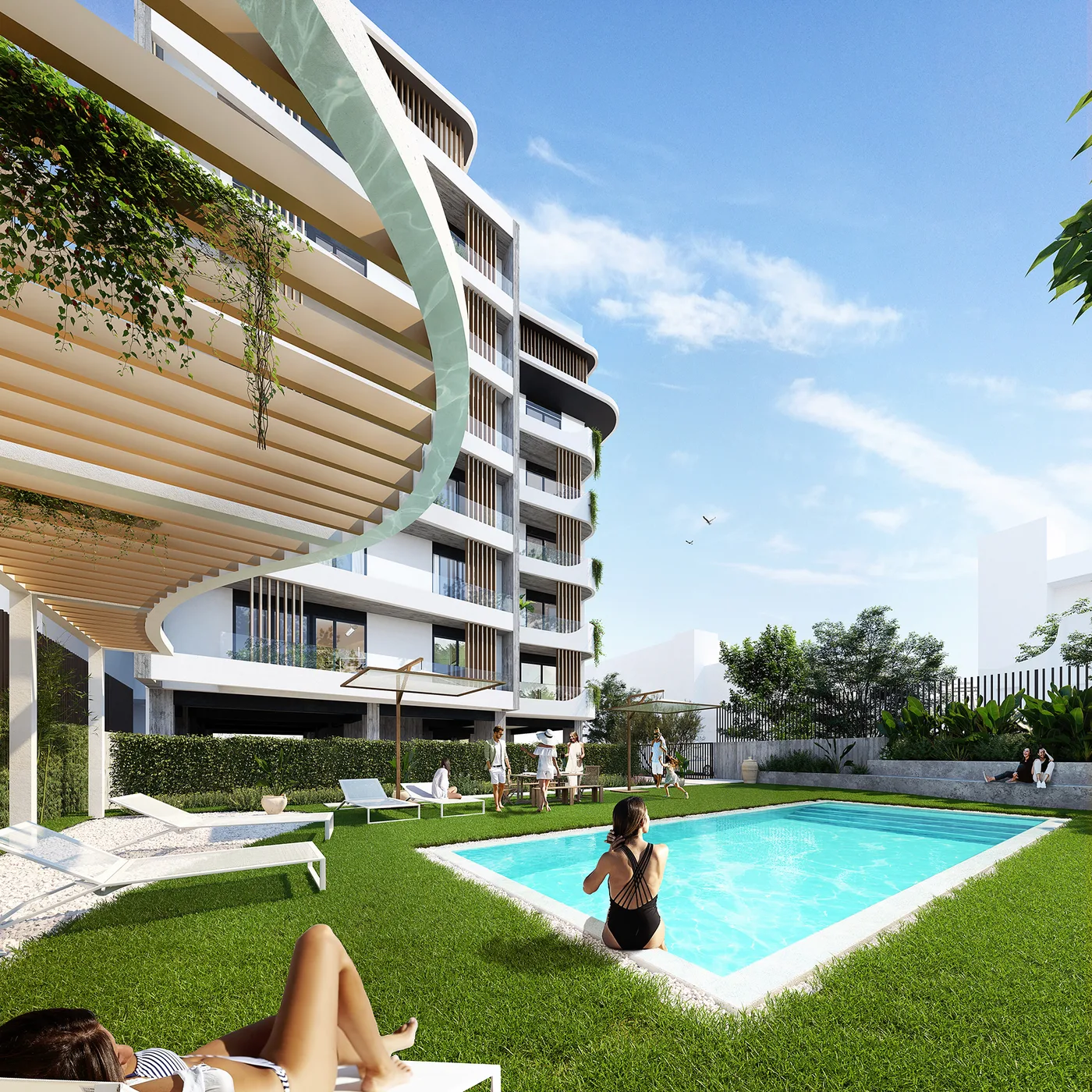 Swimming pool and communal gardens of B12 Residences in Heraklion