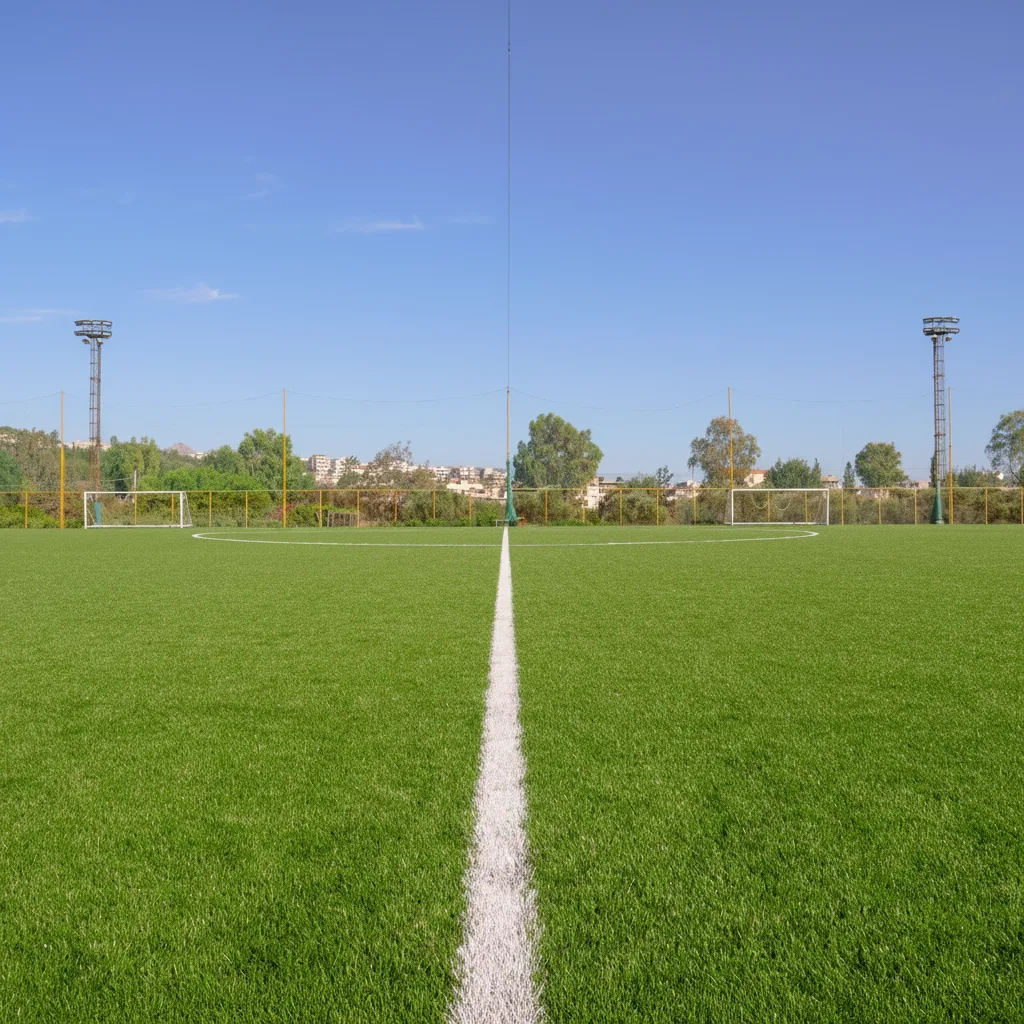 11×11 Lido football pitch in Heraklion with FIFA QUALITY certified turf and LED floodlight masts, by Lydakis Construction