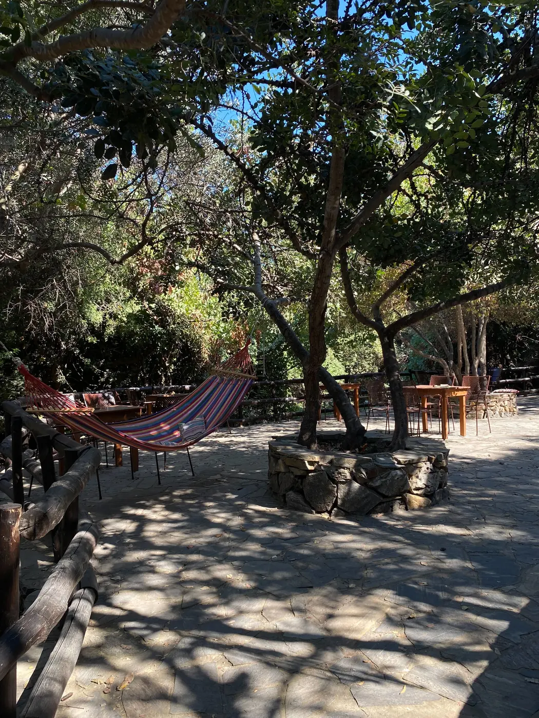 The rebuilt courtyard of the Fodele exhibition hall, paved and shaded, with seating under the trees