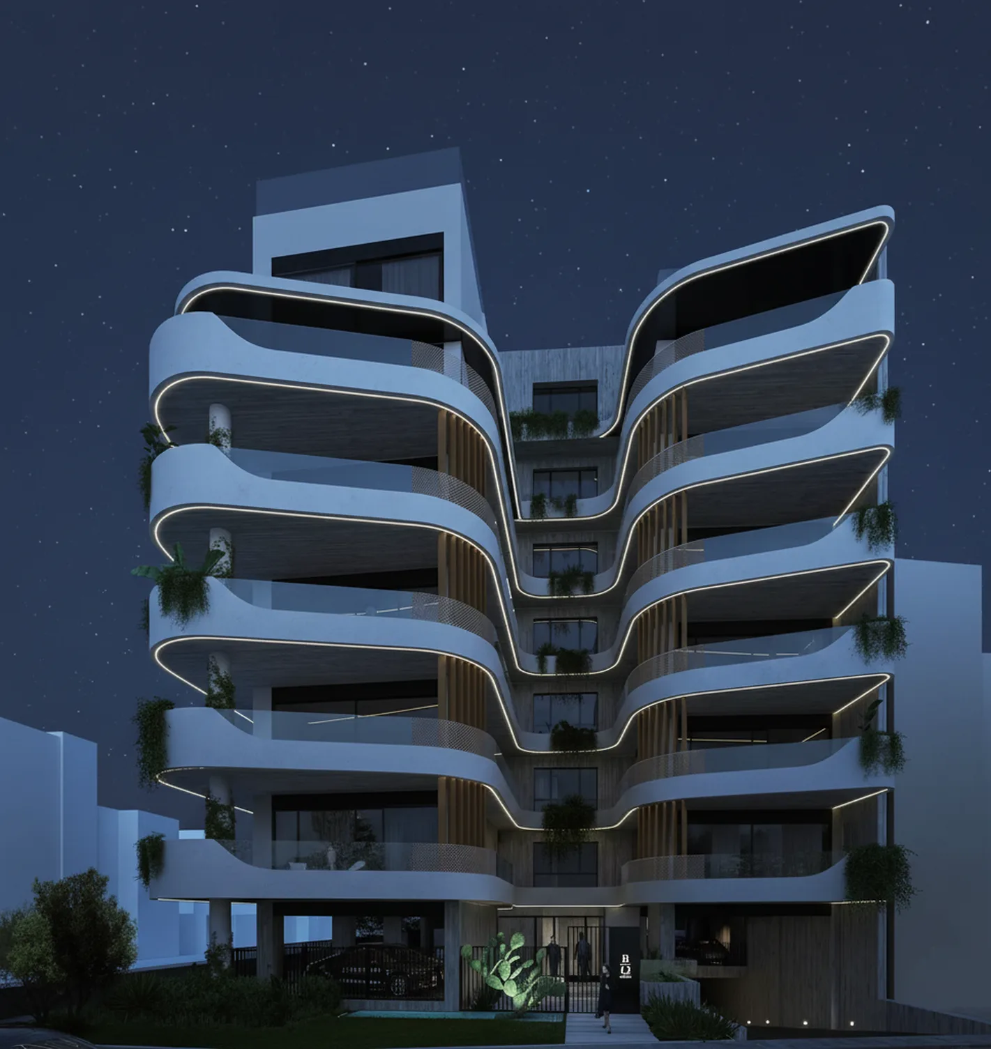 B12 Residences at night with all windows dark, under a starry sky