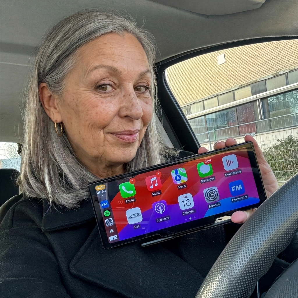 Laura with her CarPlay screen