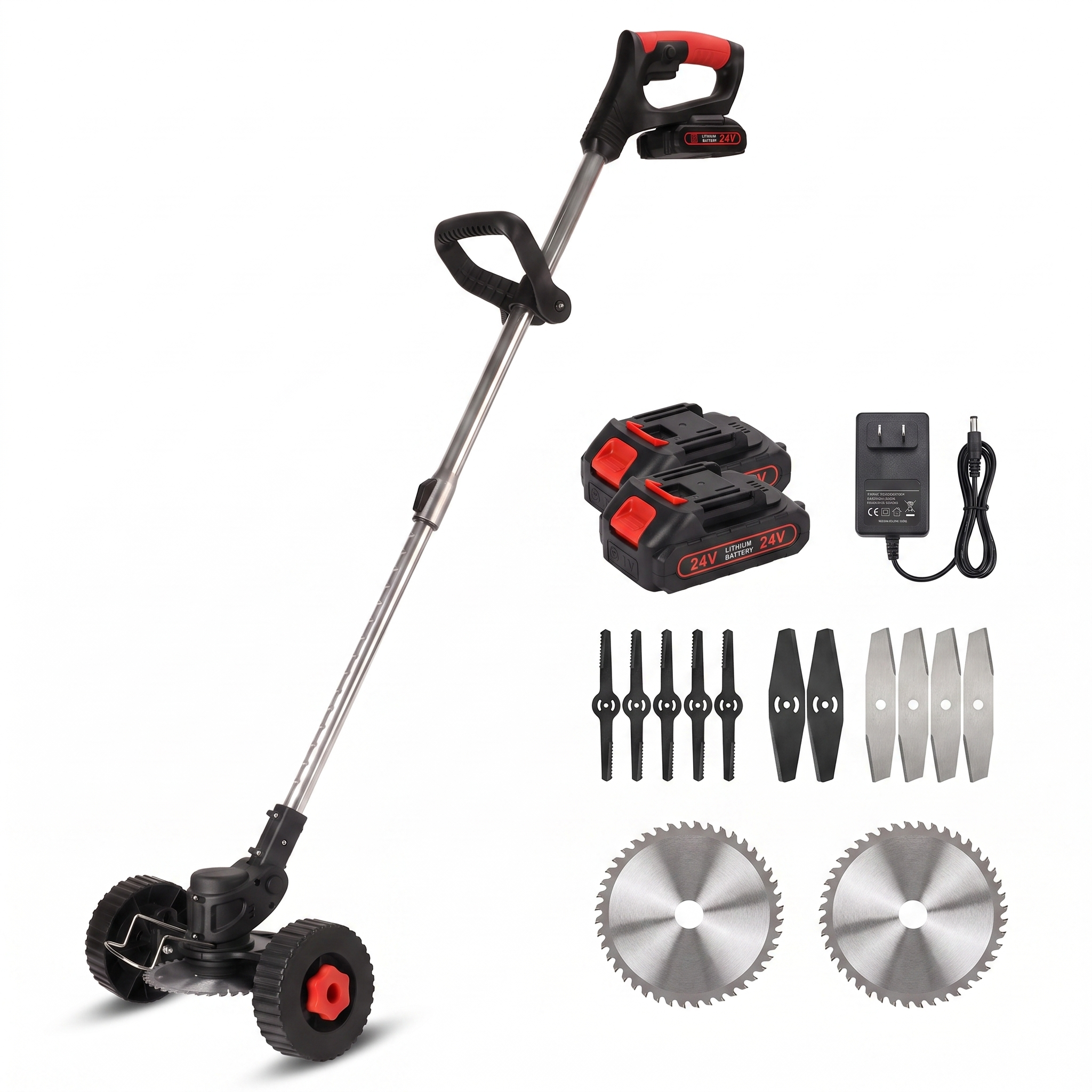 The full kit: tool, two batteries, charger and all blade sets