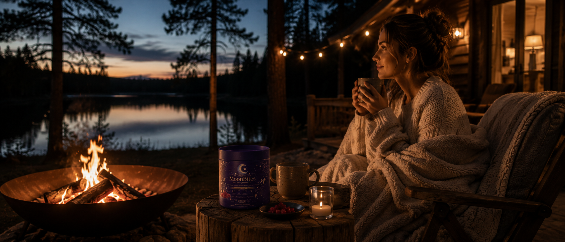 Woman relaxing by a campfire at night with MoonBites Sleep Gummies