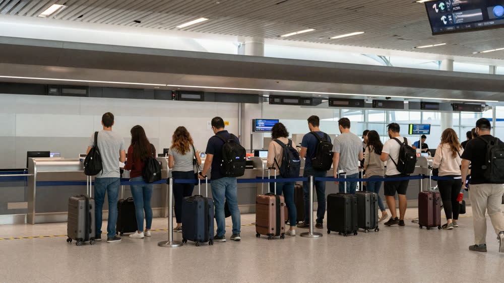 Terminal: curb → check-in → security → holding