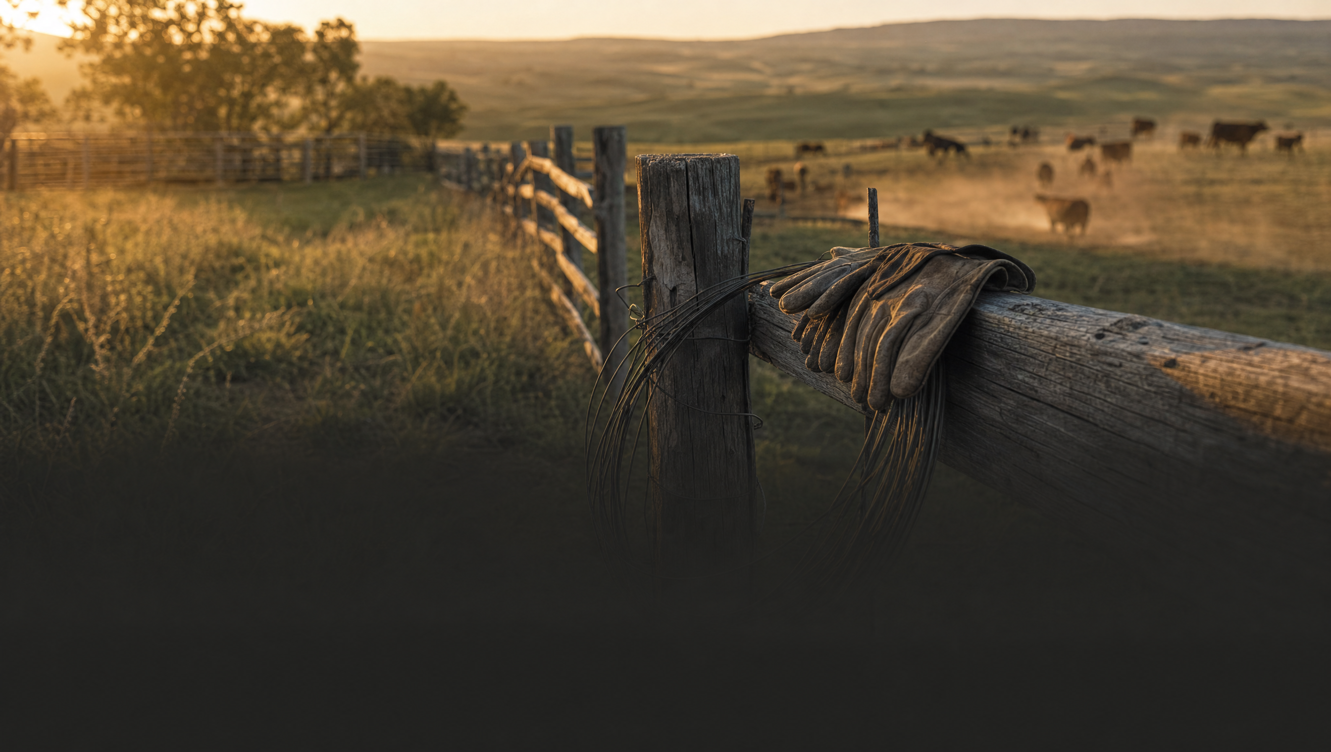Fence line, wire and work gloves on a working cattle ranch at golden hour