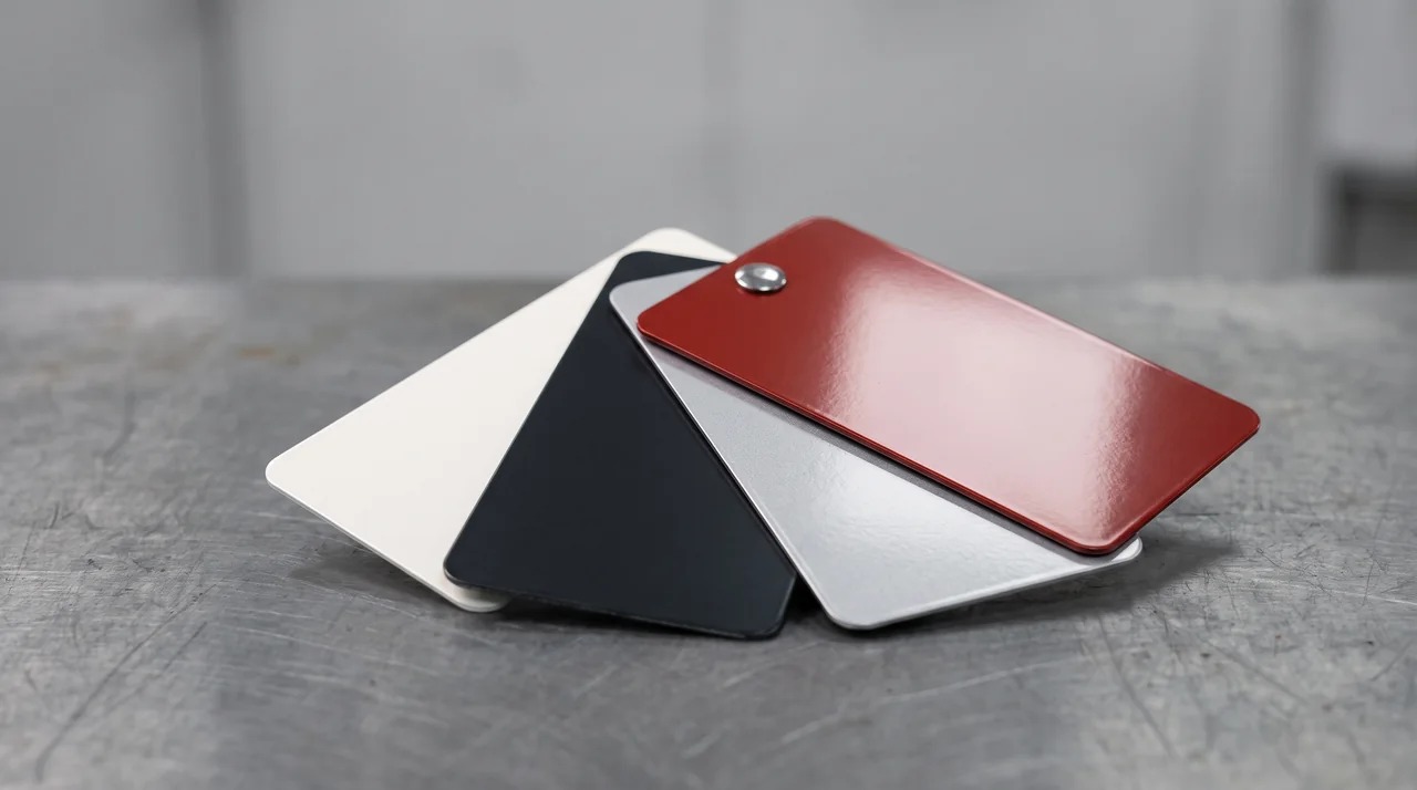 Illustrative red, silver, charcoal and white automotive color sample cards; not product color standards.
