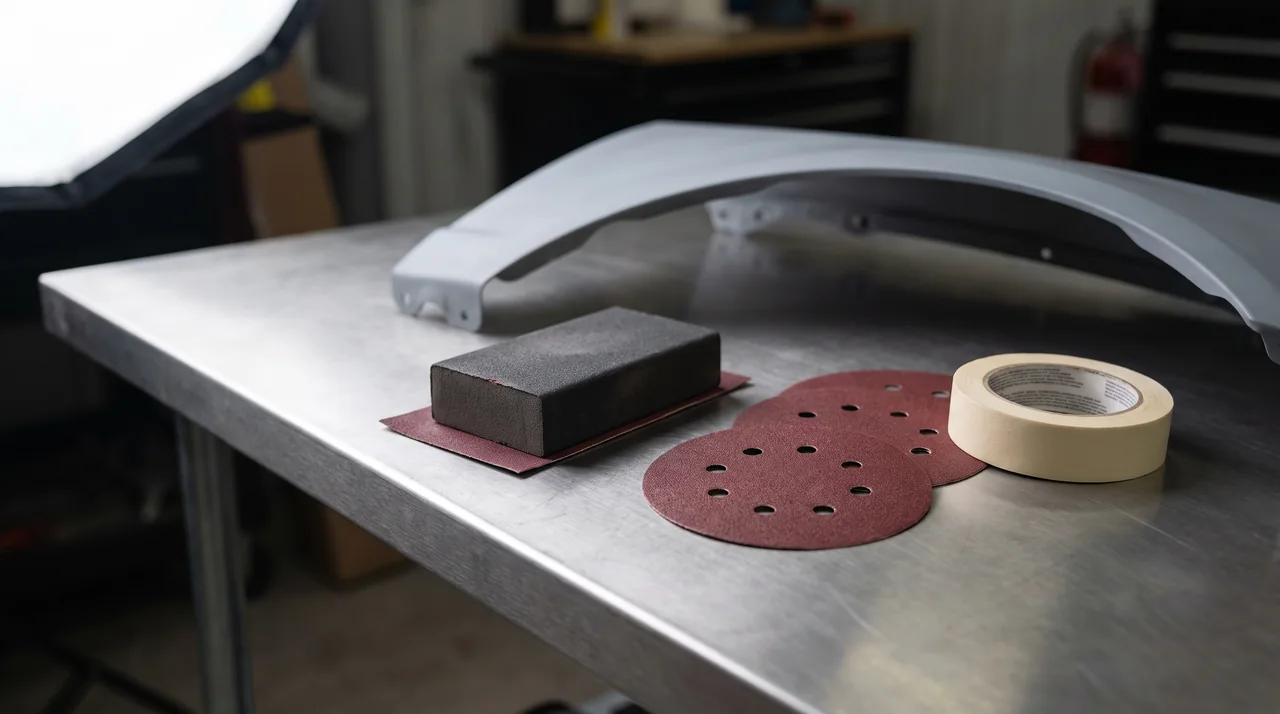 Illustrative sanding block, abrasive discs and masking tape beside a primed automotive panel.
