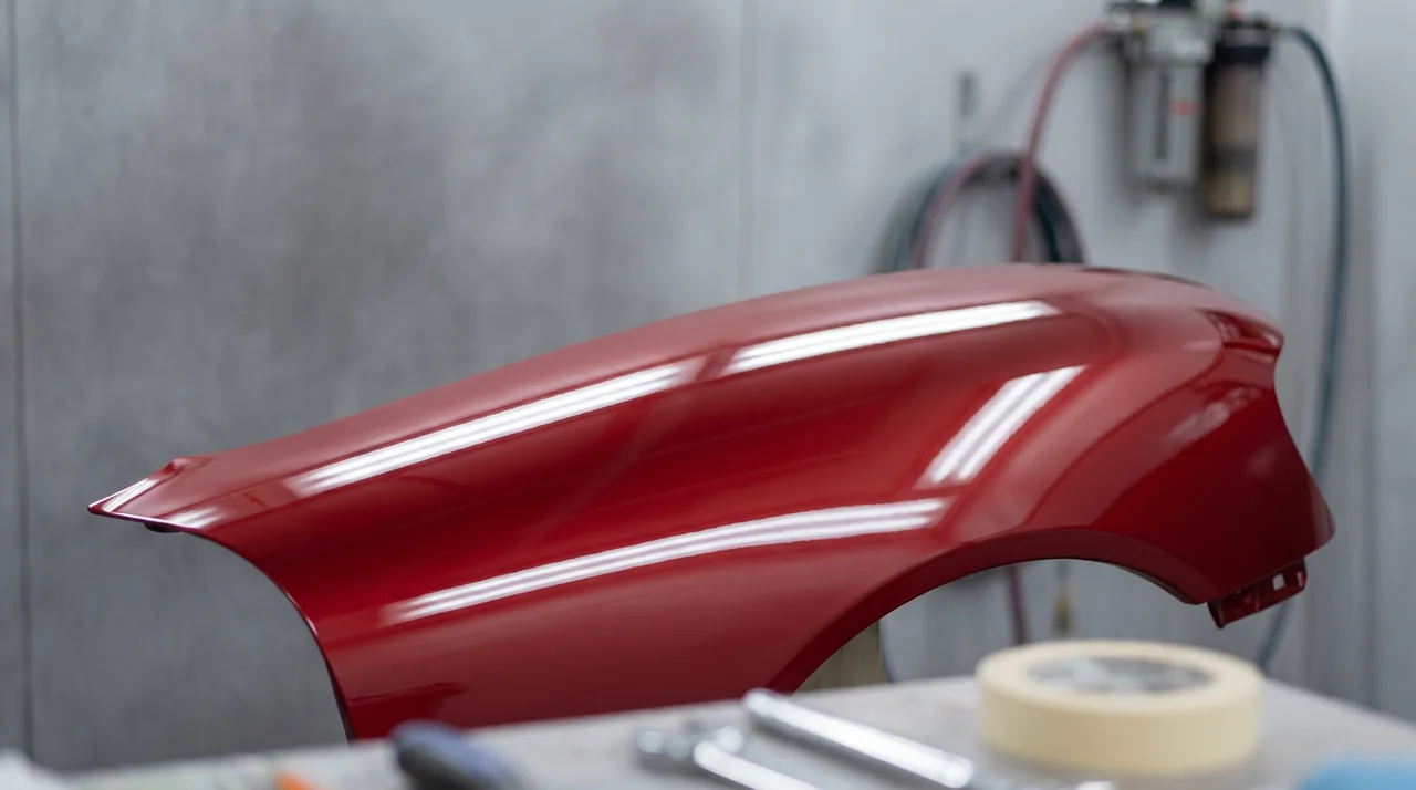 Illustrative glossy red automotive fender with inspection-light reflections; not a product performance claim.