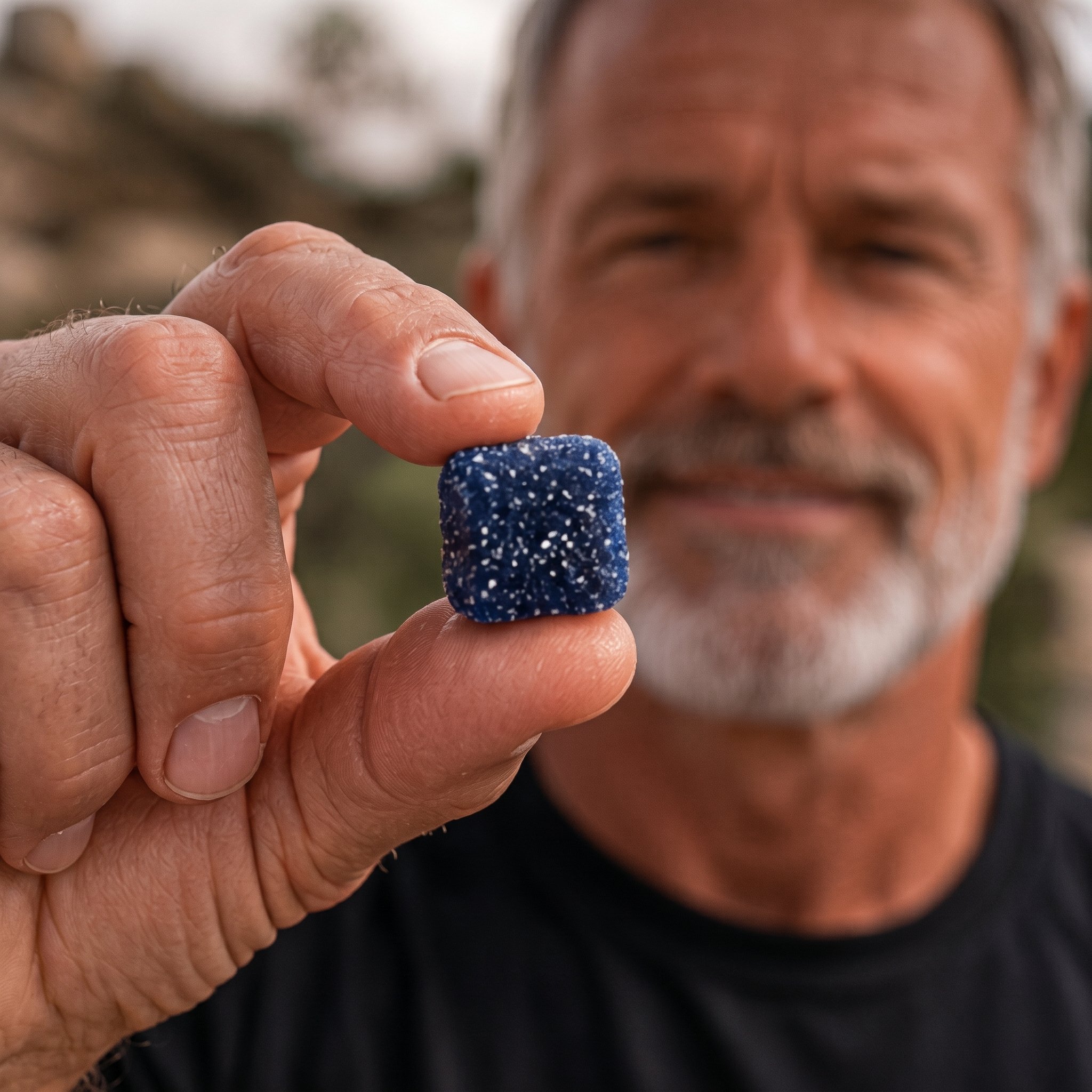 Man holding a BlueOrganics methylene blue gummy