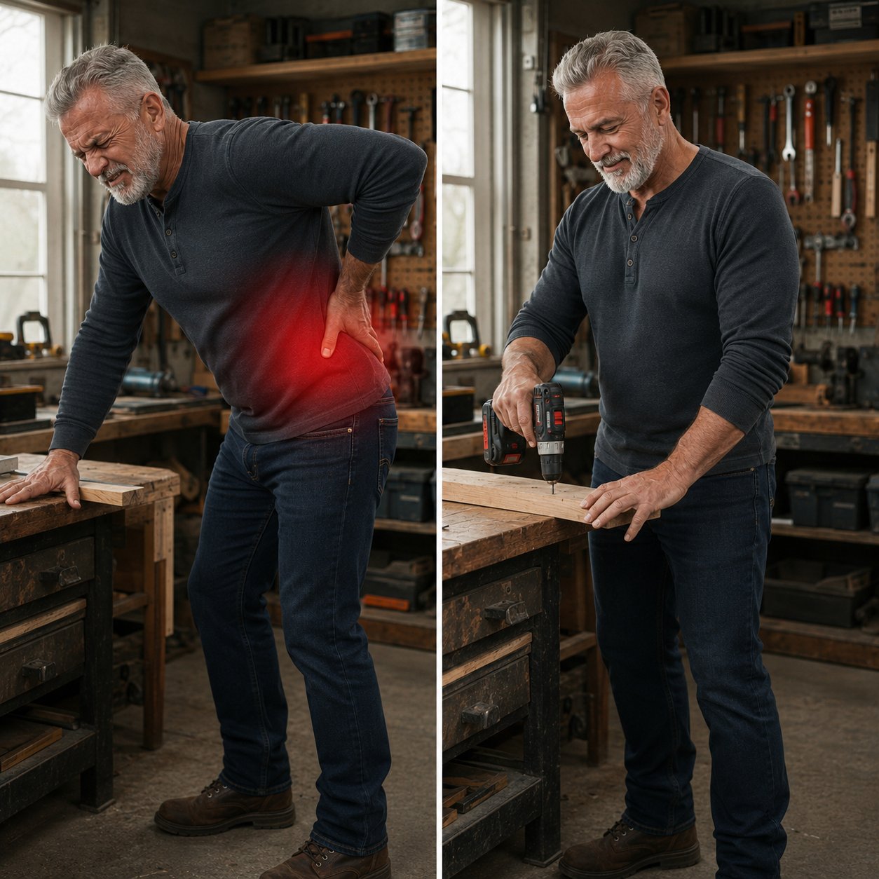 The same man before and after: hunched with back pain, then working pain-free in his workshop