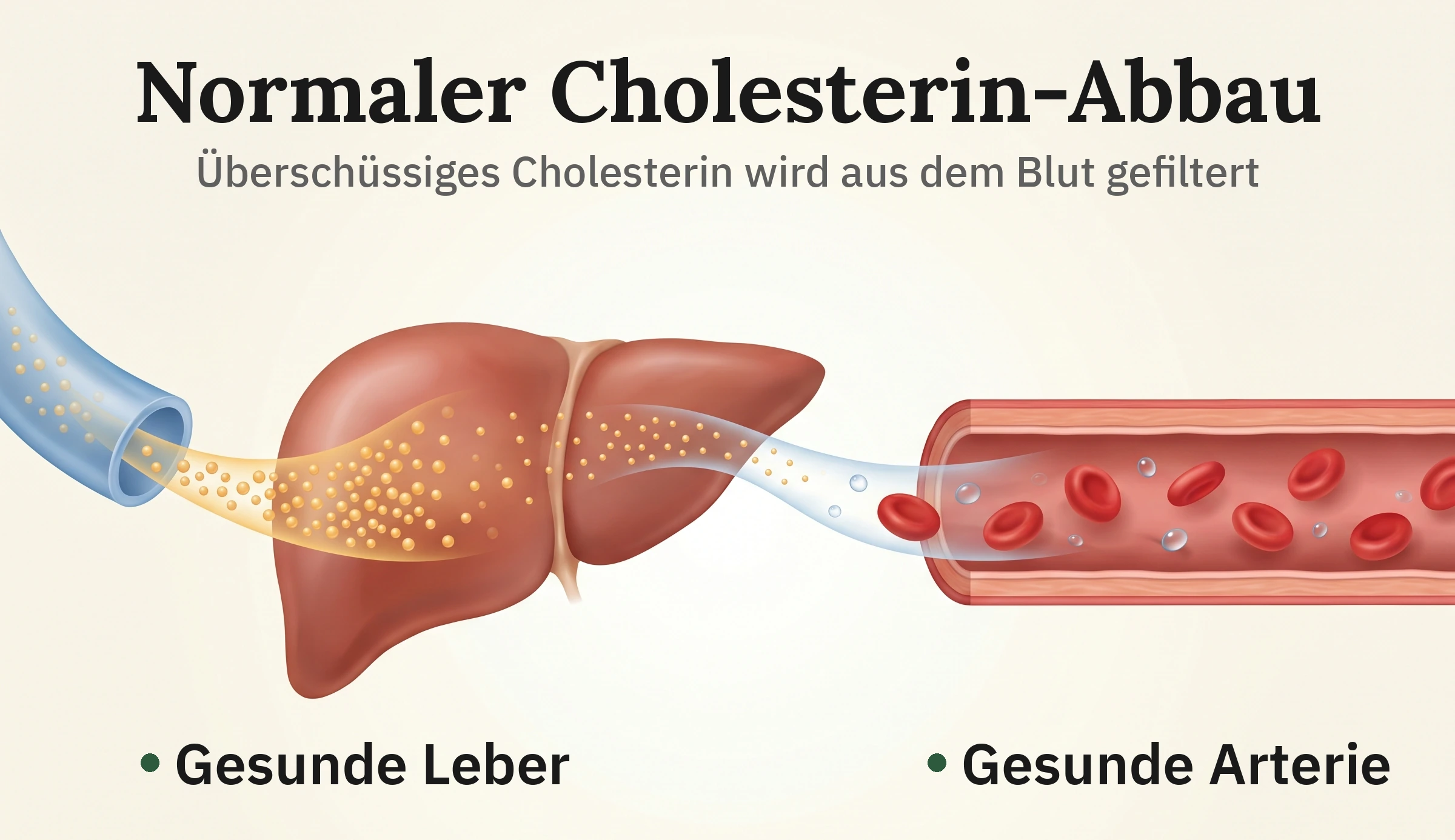 Mechanismus-Illustration: gesunde Leber filtert überschüssiges Cholesterin aus dem Blut und hält die Arterie frei