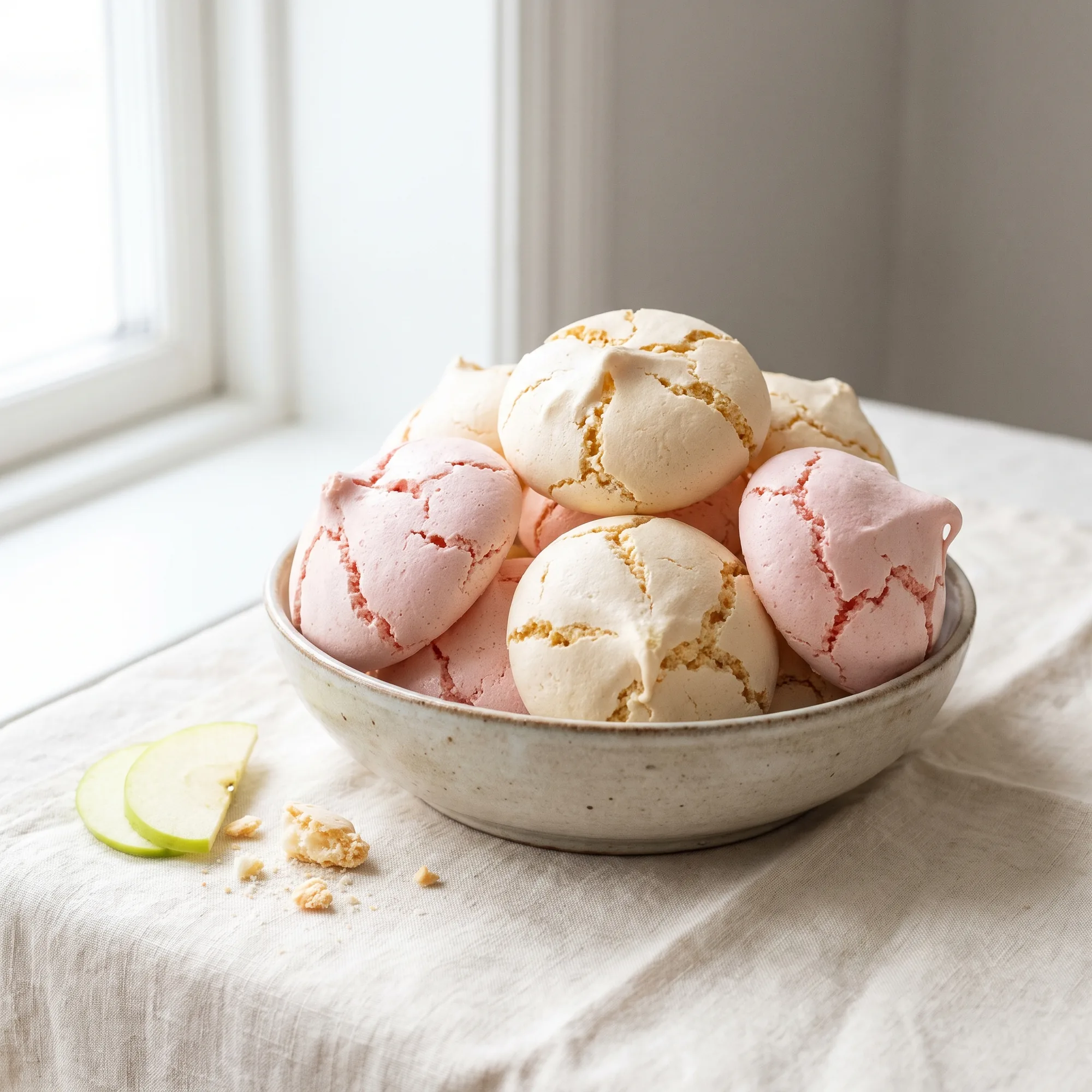 Crispy apple meringues piled in a ceramic bowl