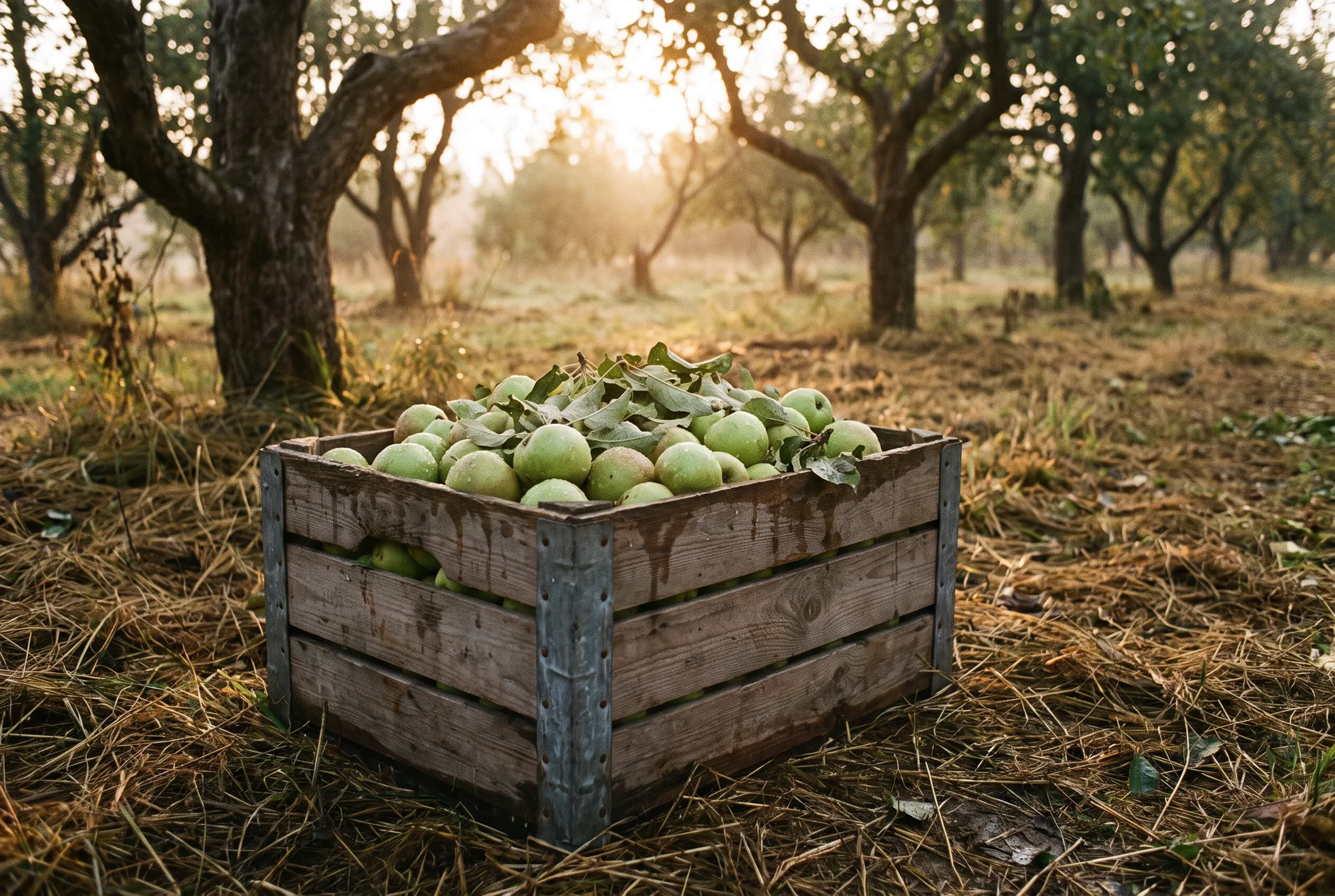 Wooden crate of freshly picked green apples in an orchard