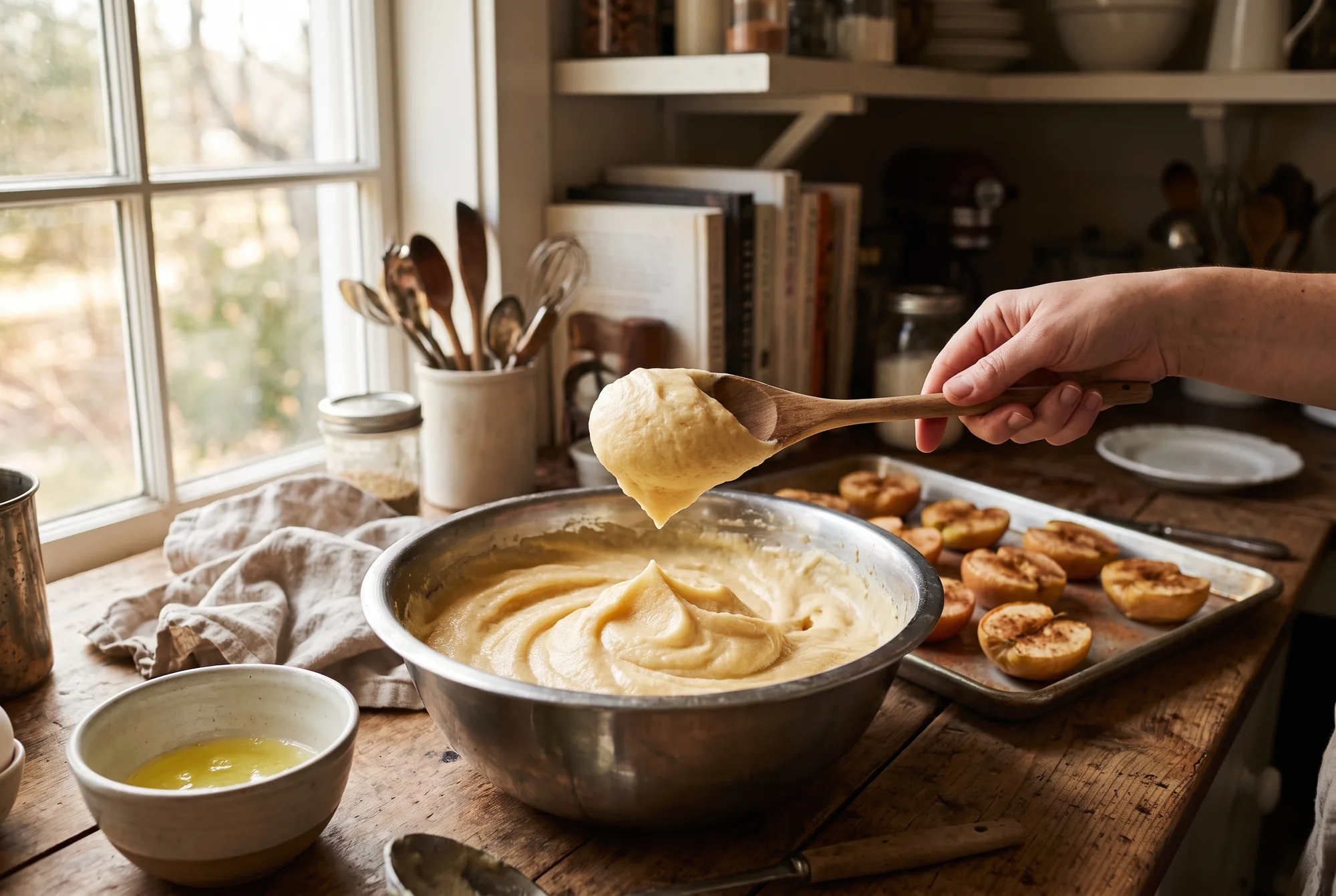 Whipped baked-apple purée in a bowl with egg whites and baked apple halves