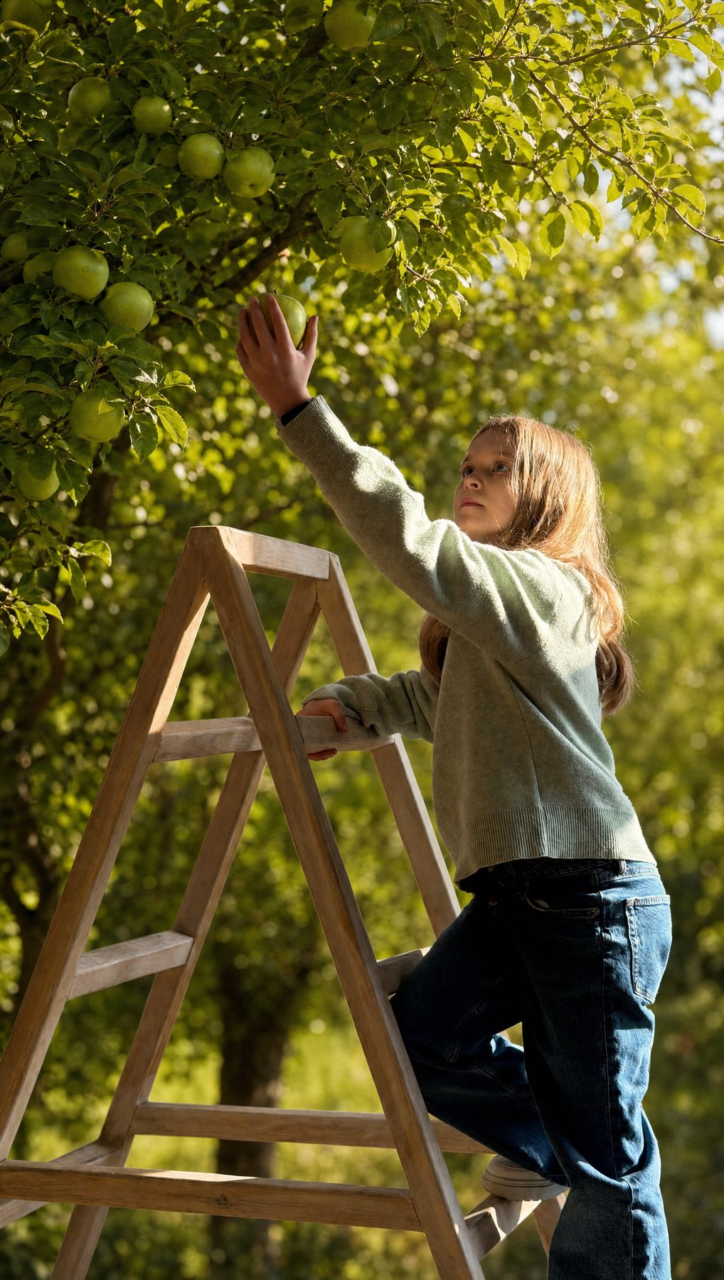 A child on a wooden ladder picking apples in a sunlit orchard