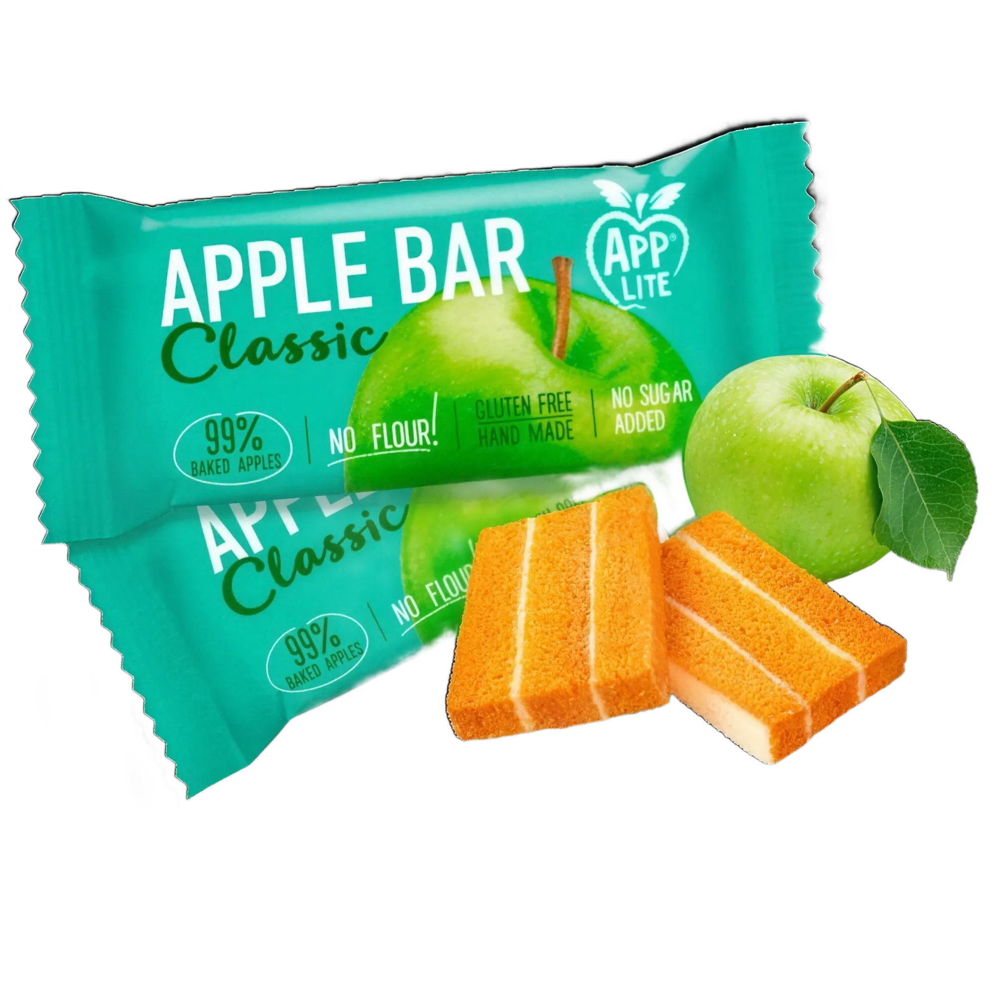 App'Lite Apple Bar Classic — two mint-green packs with slices of baked-apple bar and a green apple