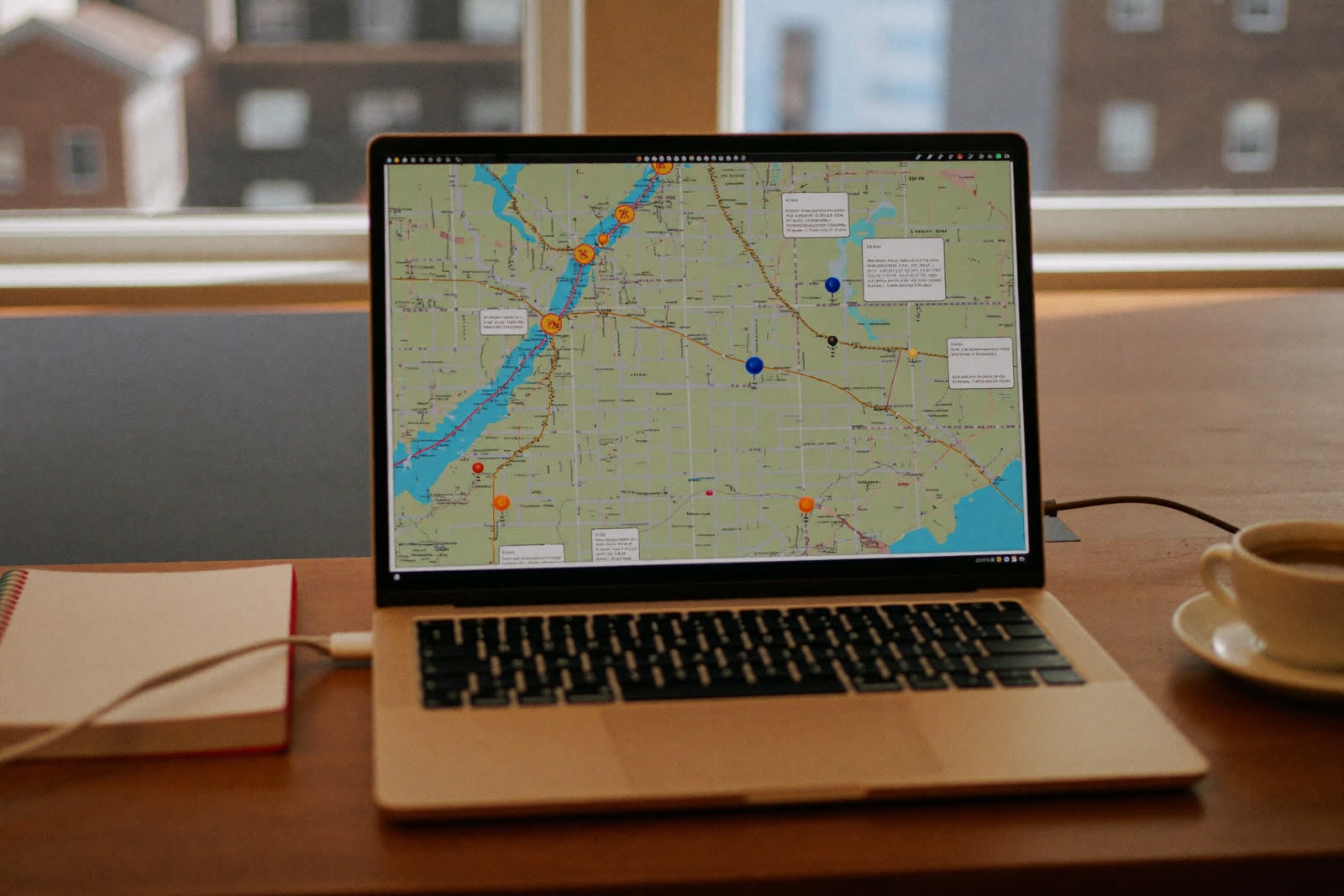 A laptop showing a city map with several location pins