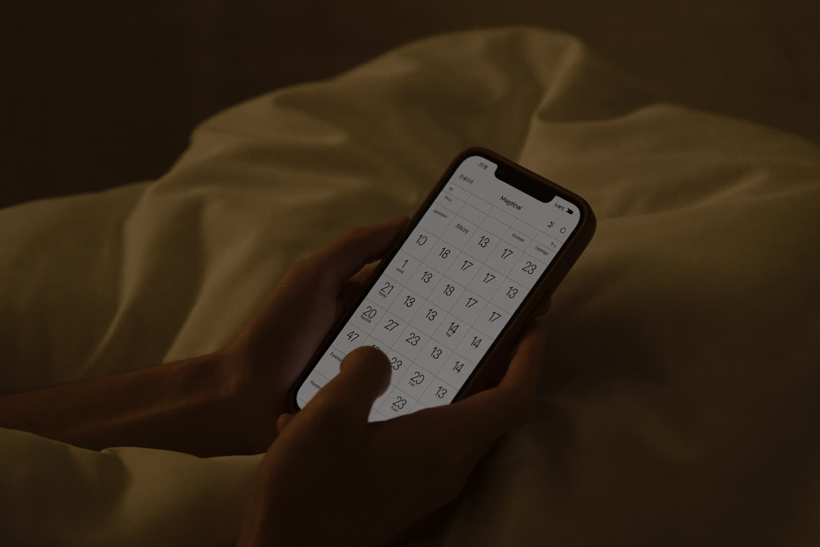 Hands holding a phone with a booking screen at night