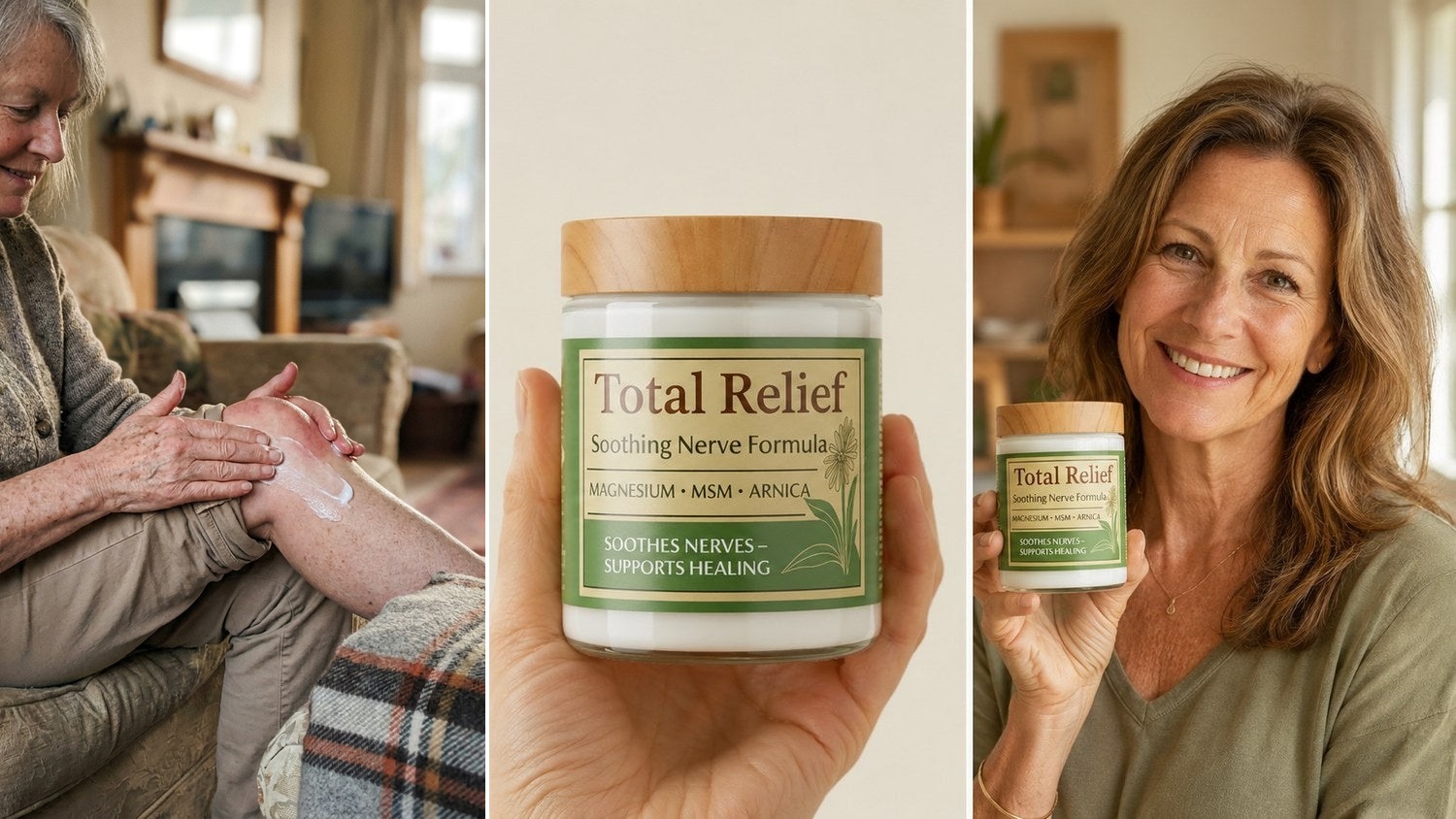 Total Relief for knee pain β rubbed straight onto the knee, the jar held to camera, and a relaxed customer at home