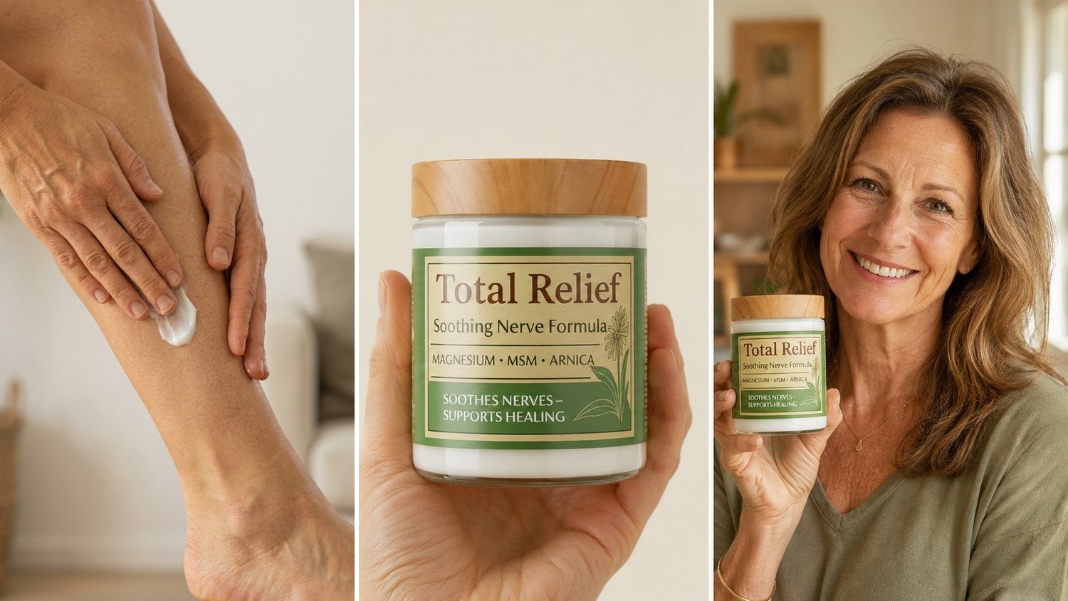 Total Relief for swollen legs — massaged up the calf, the jar held to camera, and a relaxed customer at home