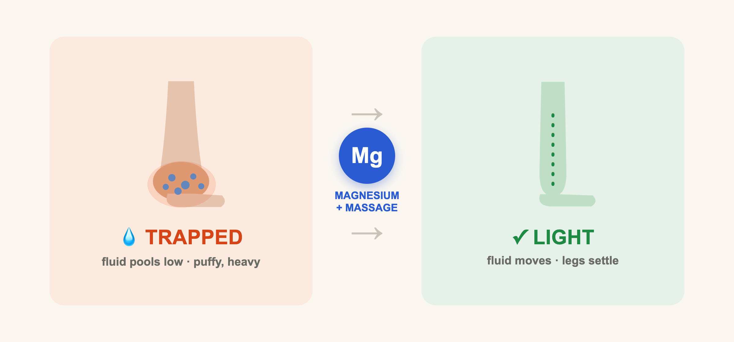 The Leg-Flood Trap: fluid pools low and the leg puffs up and turns heavy — magnesium plus massage moves it and the leg settles light