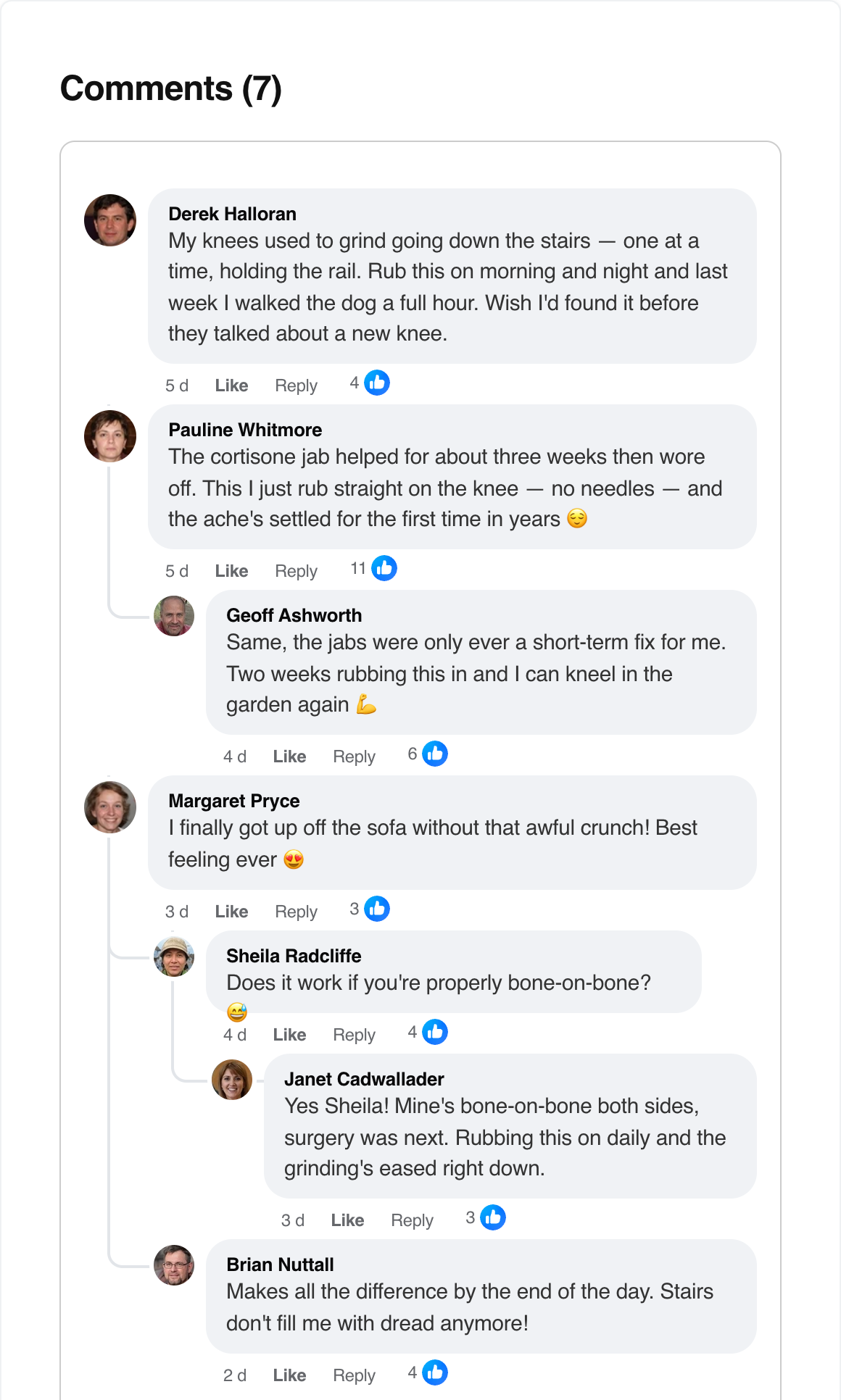 Facebook comments: got up the stairs without the rail, walking the dog again, cancelled the cortisone jab, wish I'd found it before talk of a knee replacement