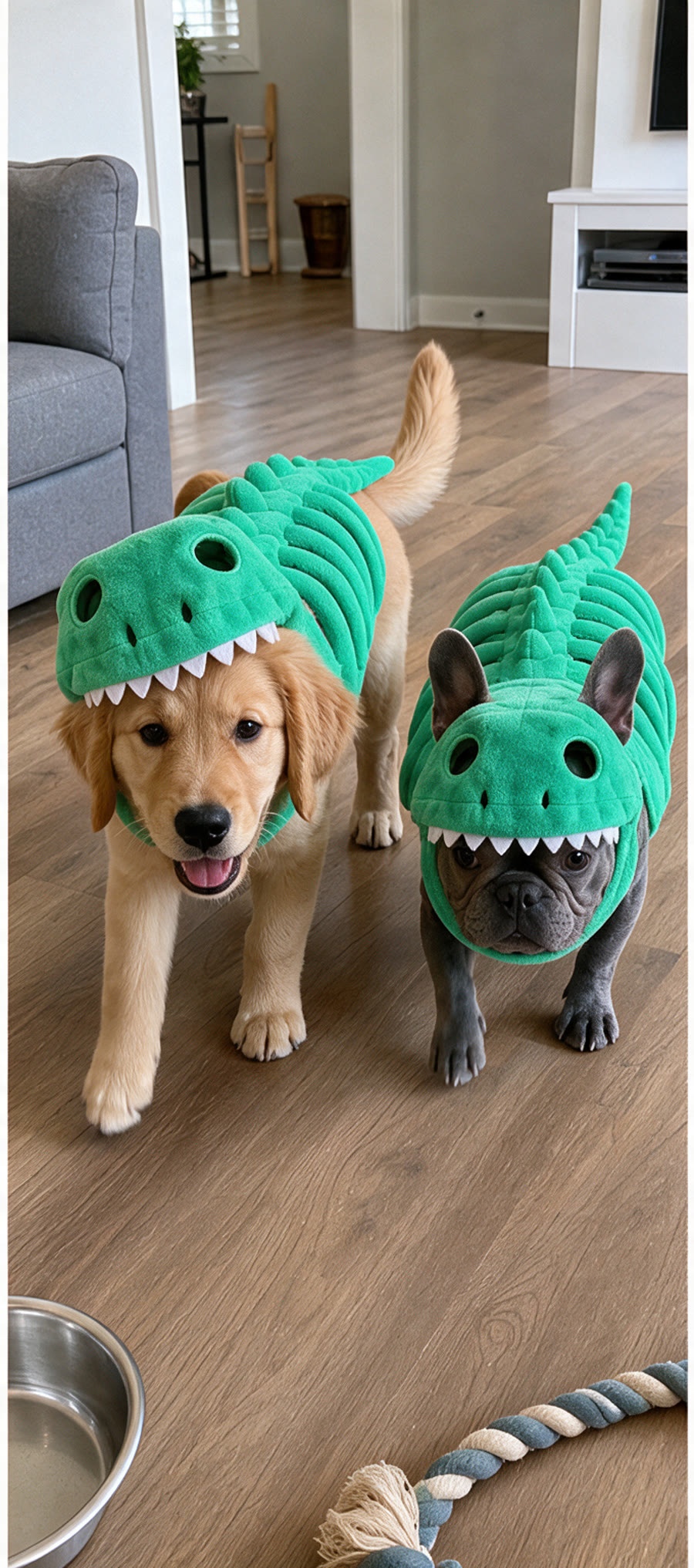 Two dogs wearing the Dino Skeleton Glow Suit