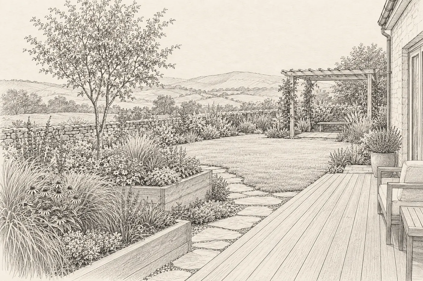 Skizze desselben Gartens in Fineliner und Bleistift, gleiche Perspektive.