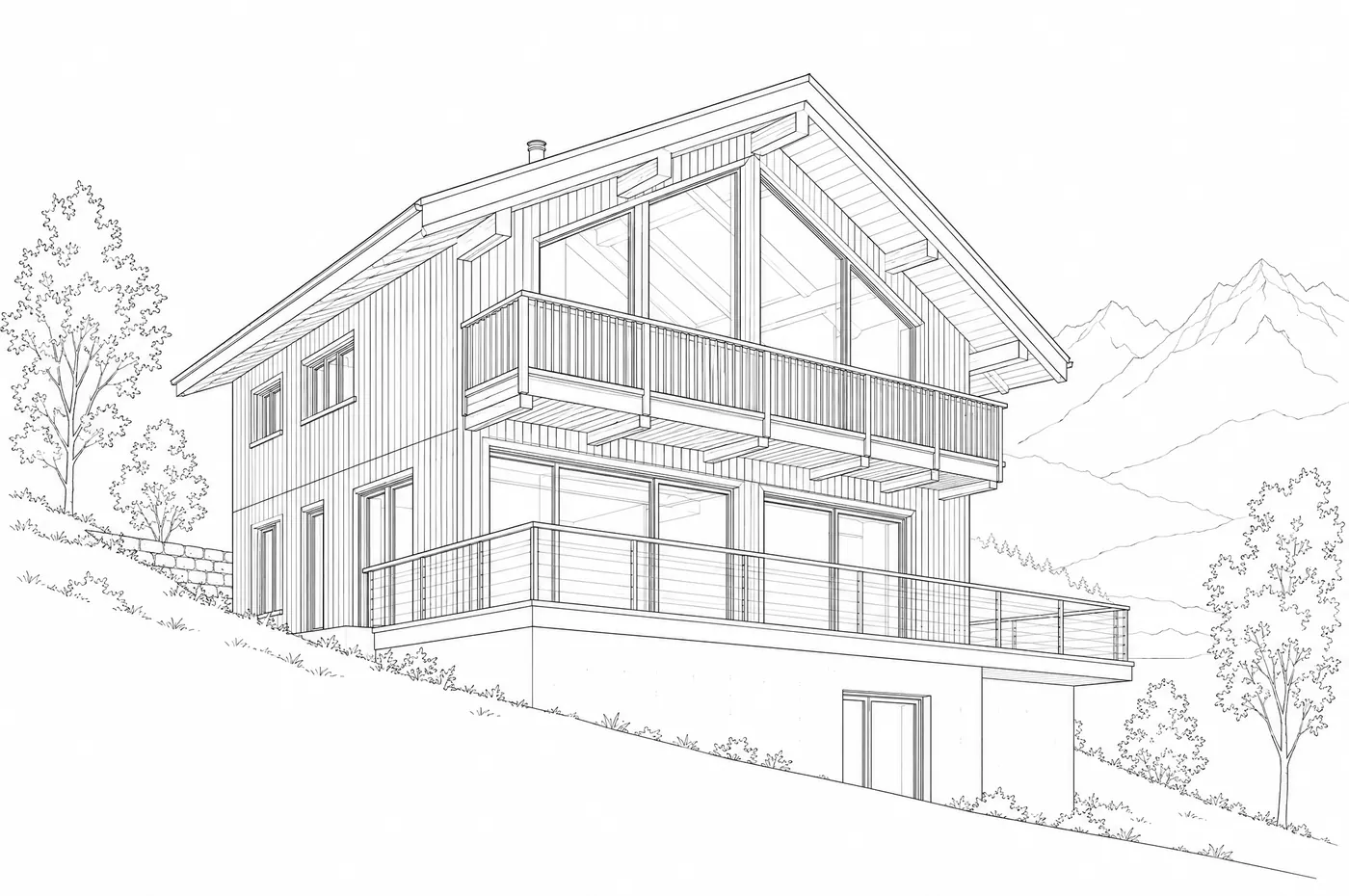 Beispiel einer CAD-Zeichnung: Holzhaus am Hang als Strichzeichnung