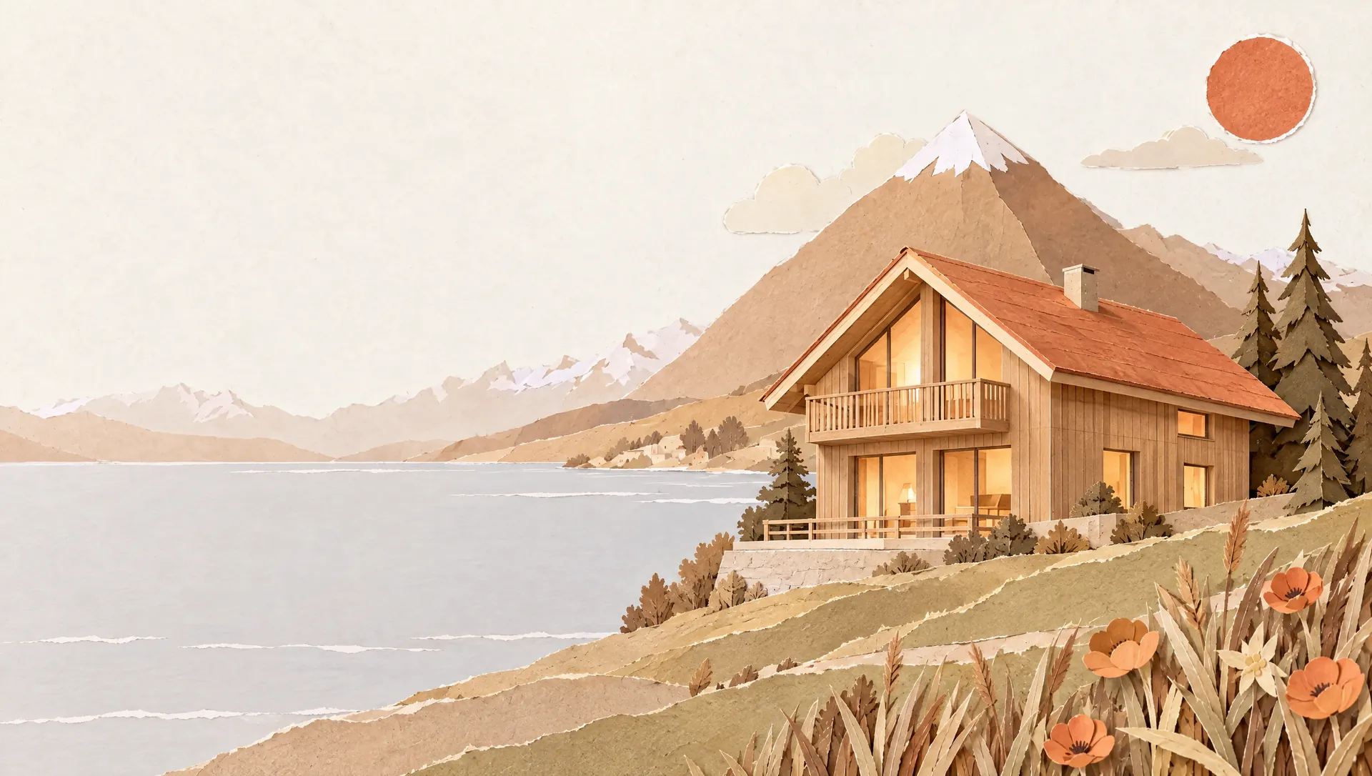 Papier-Diorama am Thunersee: ein Einfamilienhaus in Holzbau mit orangem Dach und warm beleuchteten Fenstern steht am Hang, dahinter der Niesen und die Alpen.